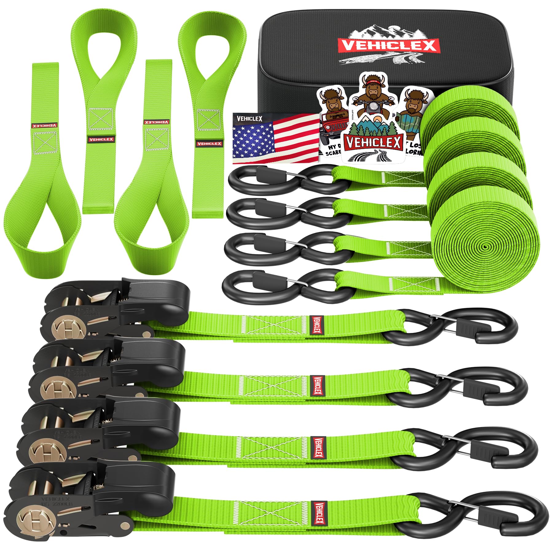Ratchet Tie-Down Straps Set - (1' X 15', 2200Lbs Breaking Strength) - Vehiclex Soft Loops, Coated S-Hooks, Storage Bag For Atv, Motorcycle, Bicycle, Kayak, Cargo Securing, Green