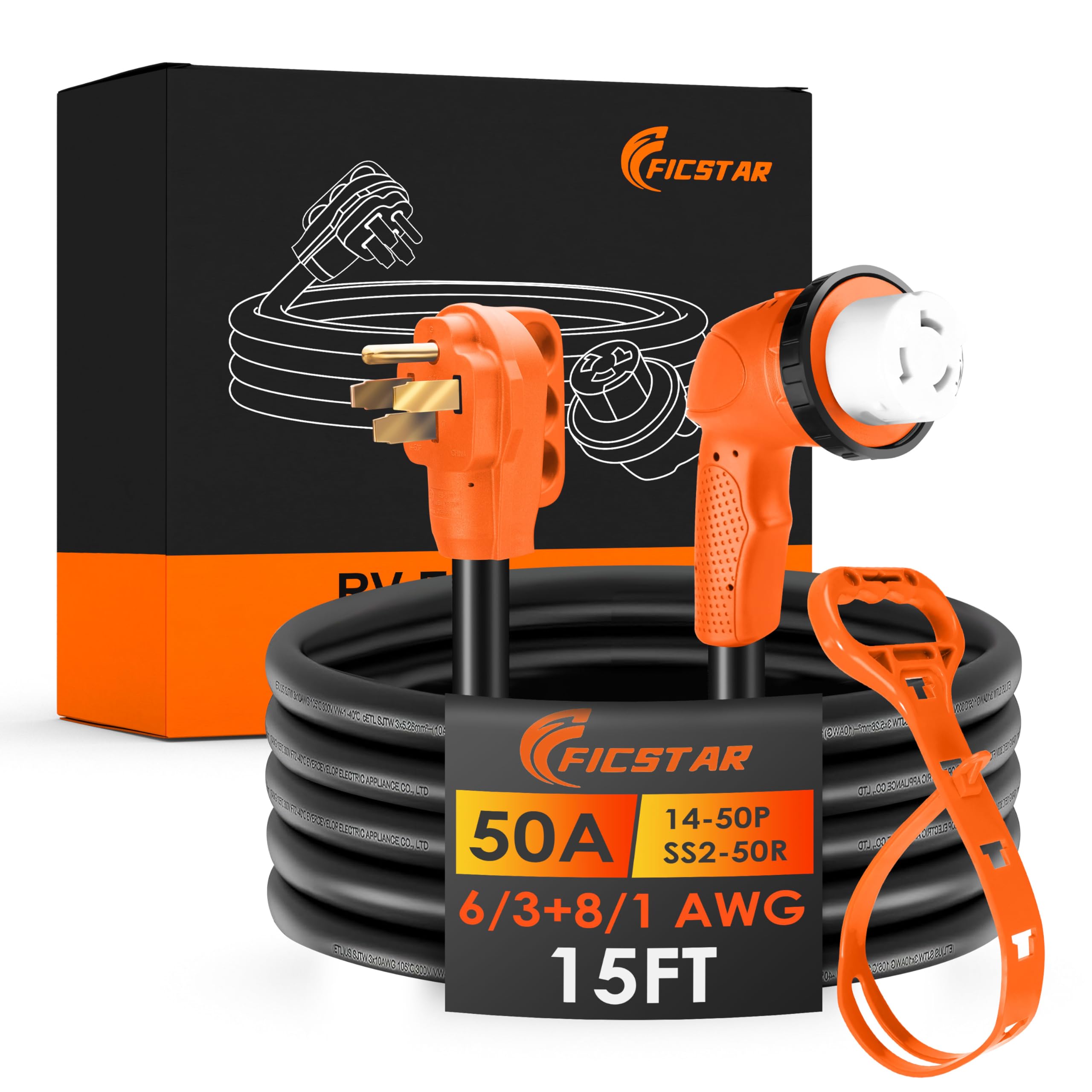 Ficstar 50 Amp RV Extension Cord 15 ft, Heavy Duty 6/3+8/1 SJTW AWG RV Power Cord with Grip Handle Twist Lock, NEMA 14-50P to SS