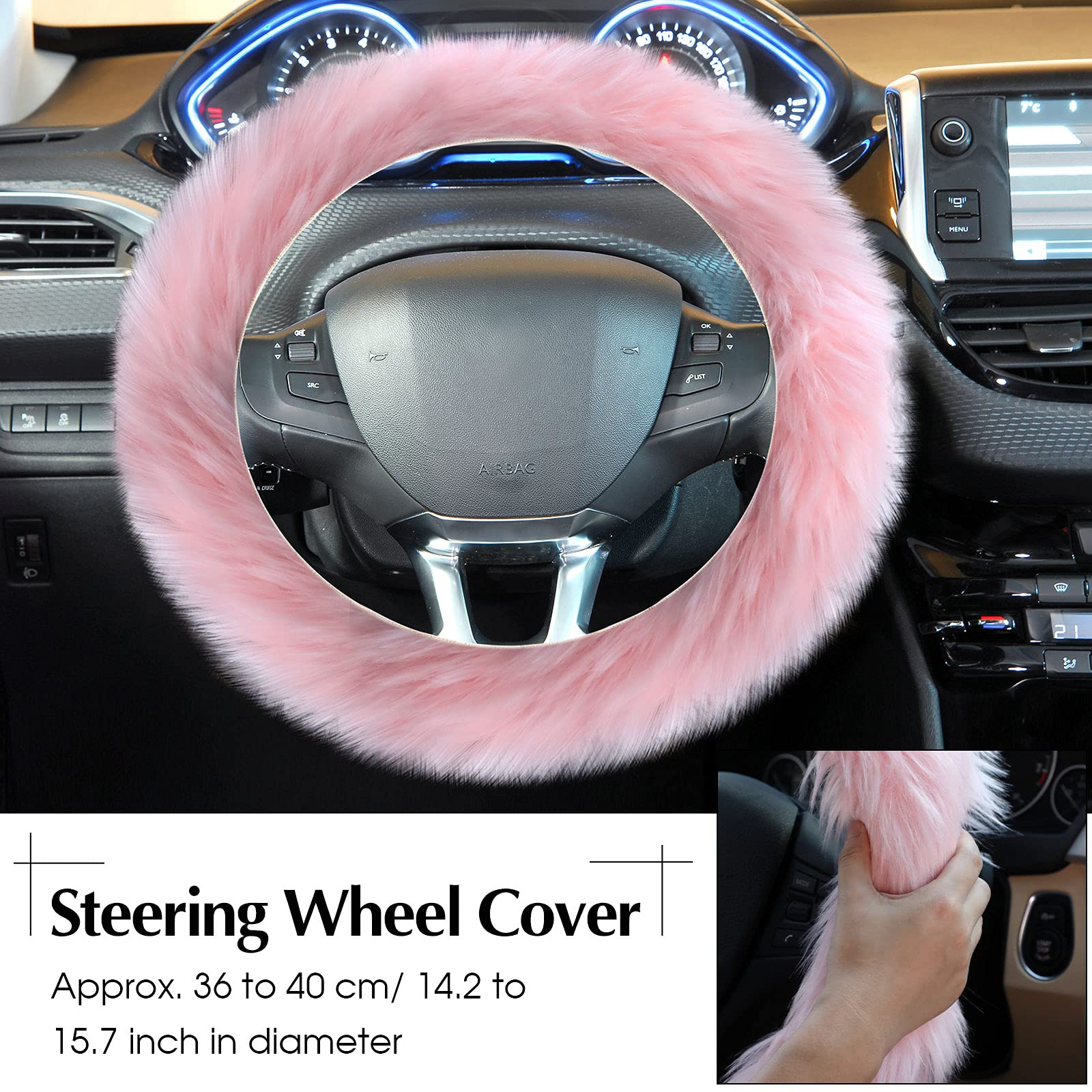 Tallew 6 Pieces Fluffy Steering Wheel Covers Winter Wool Fur Handbrake Warm Gear Steering Wheel Cover Console Seat Belt Shoulder Pads Accessories Furry Non-Slip Car Decor(Long Hair,Pink)