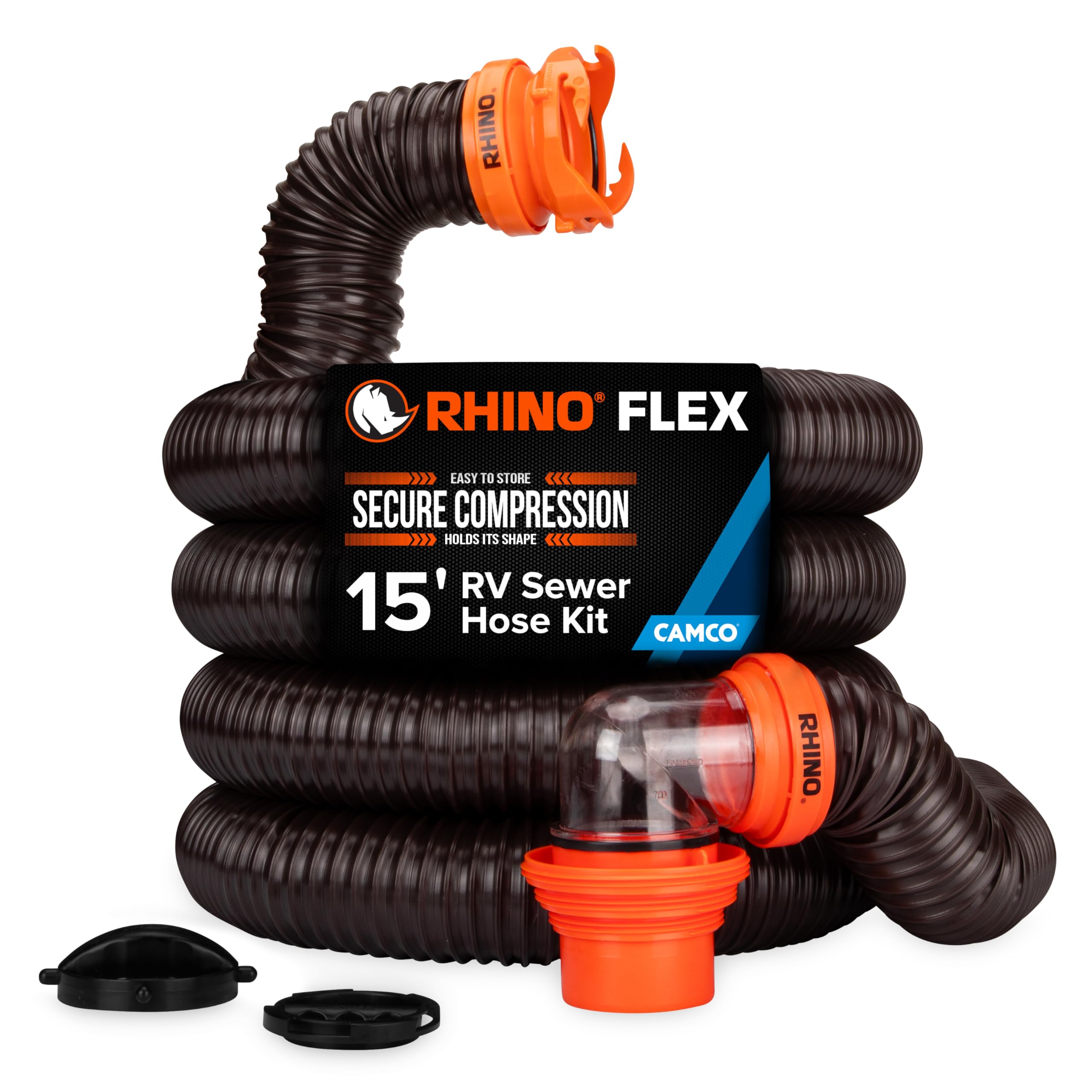 Camco RhinoFLEX 15' RV Sewer Hose Kit - Includes 4-in-1 Adapter, Clear Elbow, & Caps - Connects to 3 Slip & 3''