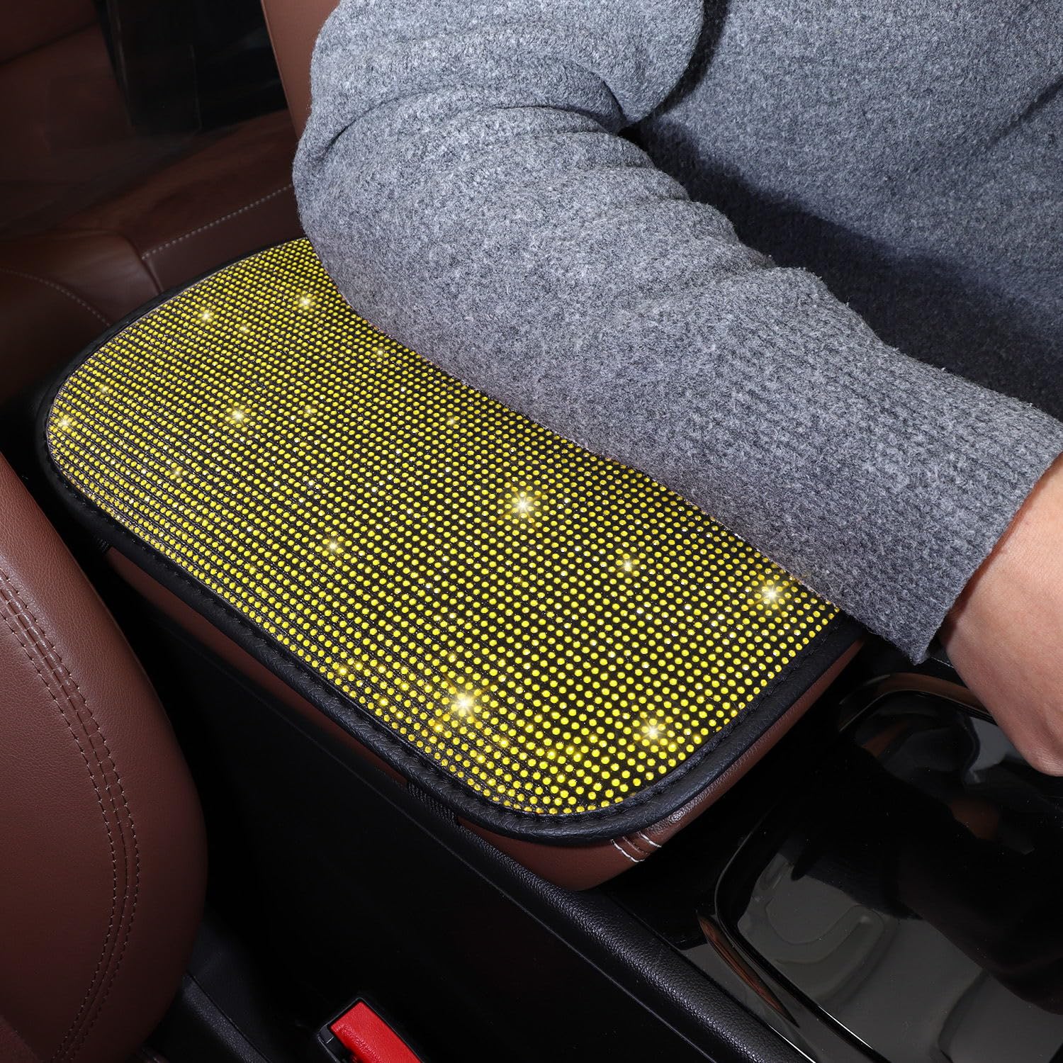 Tobequeen Yellow Arm Rest Cover, Rhinestone Crystal Diamond Bling Center Console Cover, Universal Fit All Vehicles, Interior Bli
