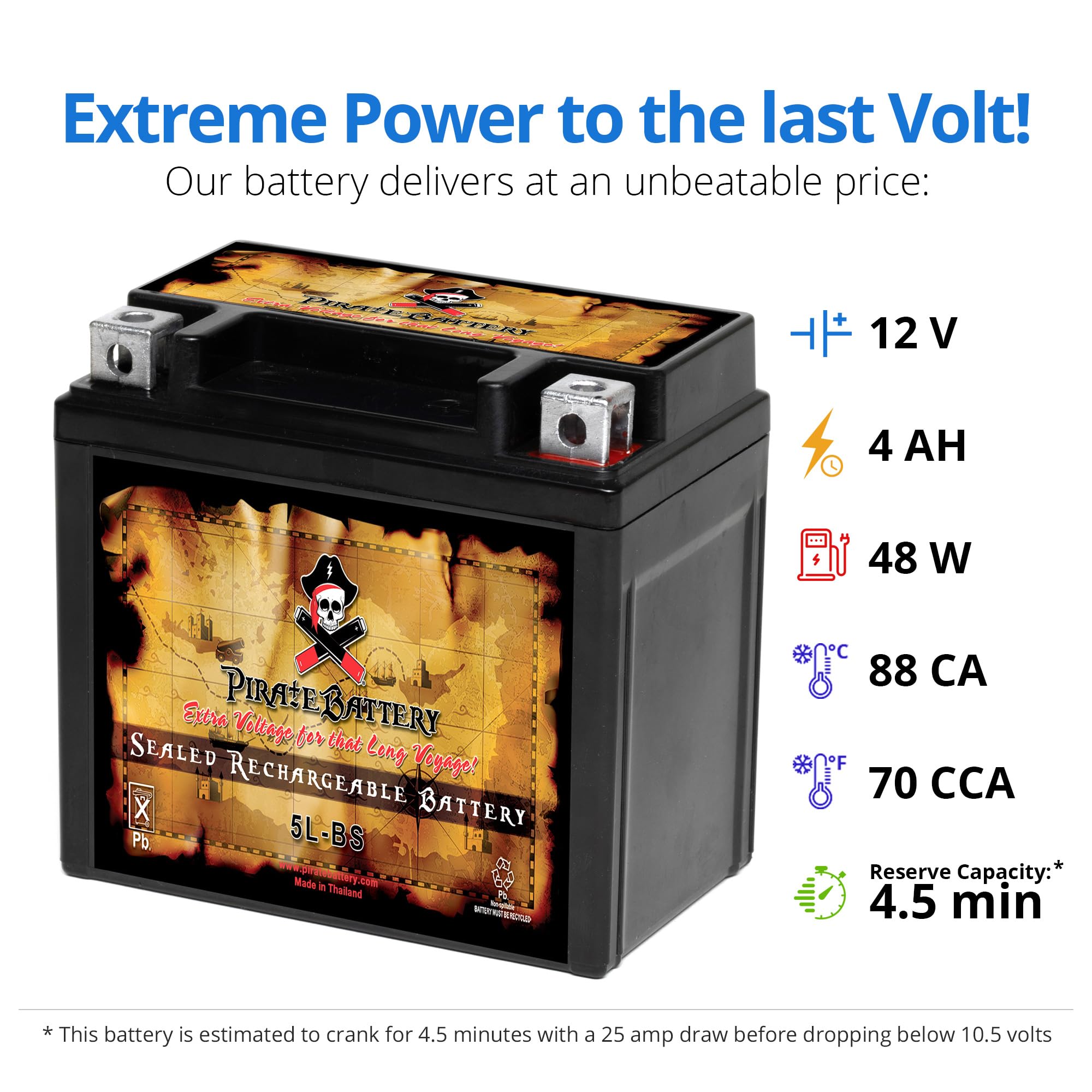 Pirate Battery Ytx5L-Bs Maintenance Free Replacement Battery Compatible With Atv, Motorcycle, And Scooter: 12 Volts, 5 Amps, 4Ah
