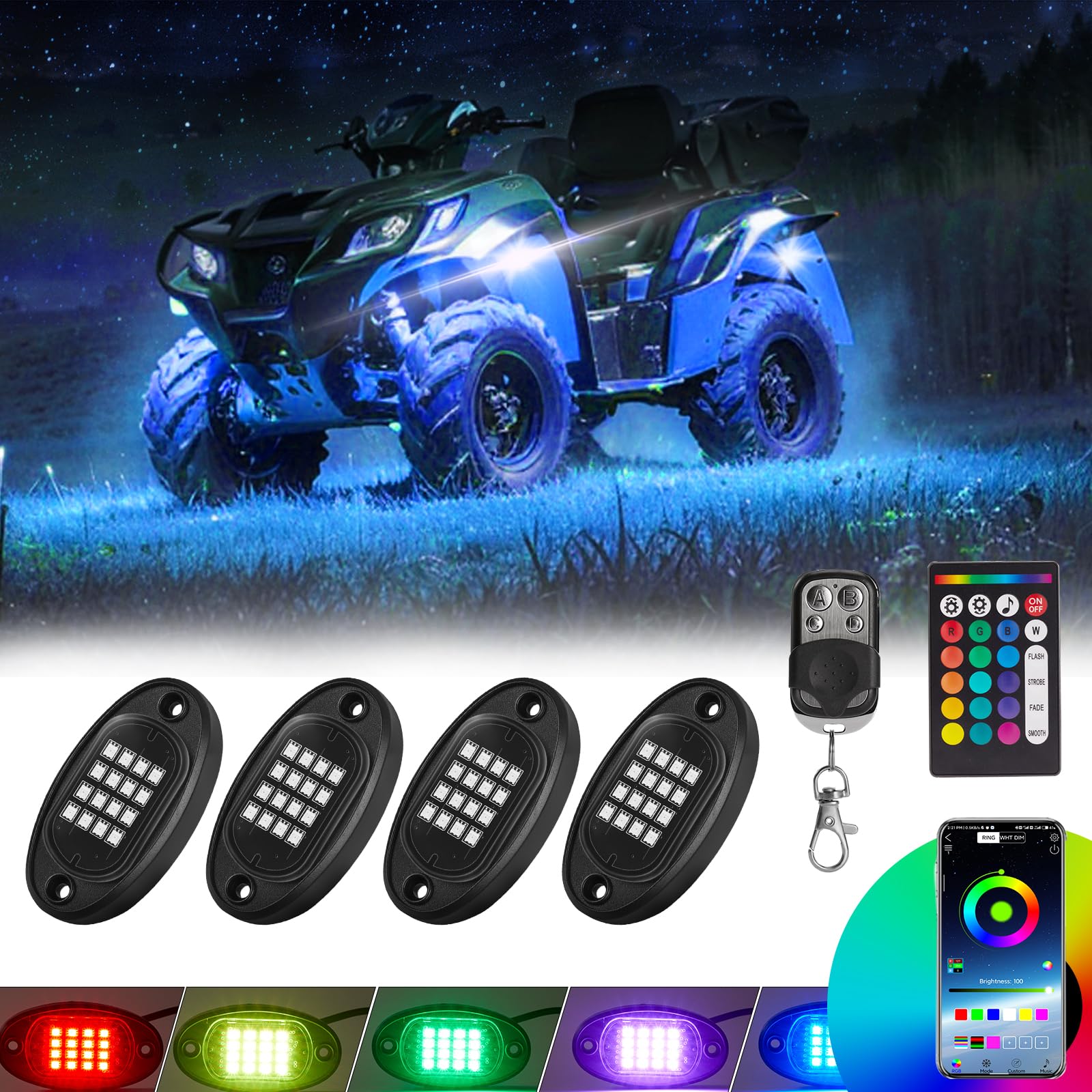 4 Pods Rgb Led Rock Lights For Atv Utv Golf Cart Truck Rzr Offroad Suv, Waterproof Multicolor Underglow Kit For Cars With App Mu
