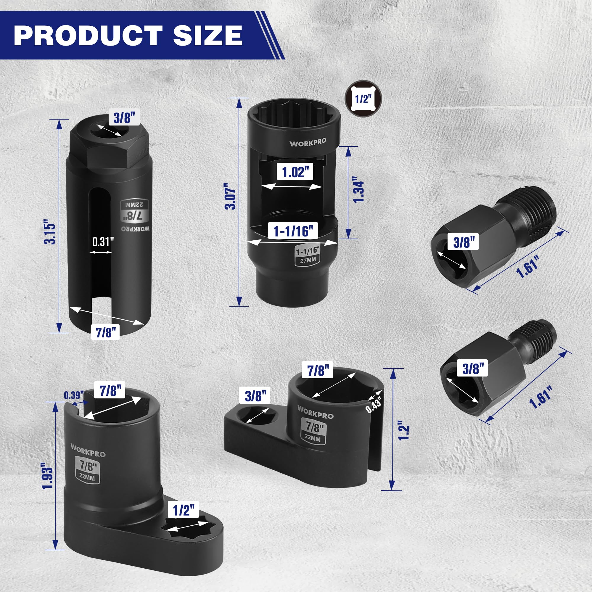 Workpro 6Pcs O2 Oxygen Sensor Socket, Automotive 3/8'' 1/2'' Drive X 1-1/16'' 7/8'' 27Mm 22Mm O2 Sensor Socket Removal Tool And