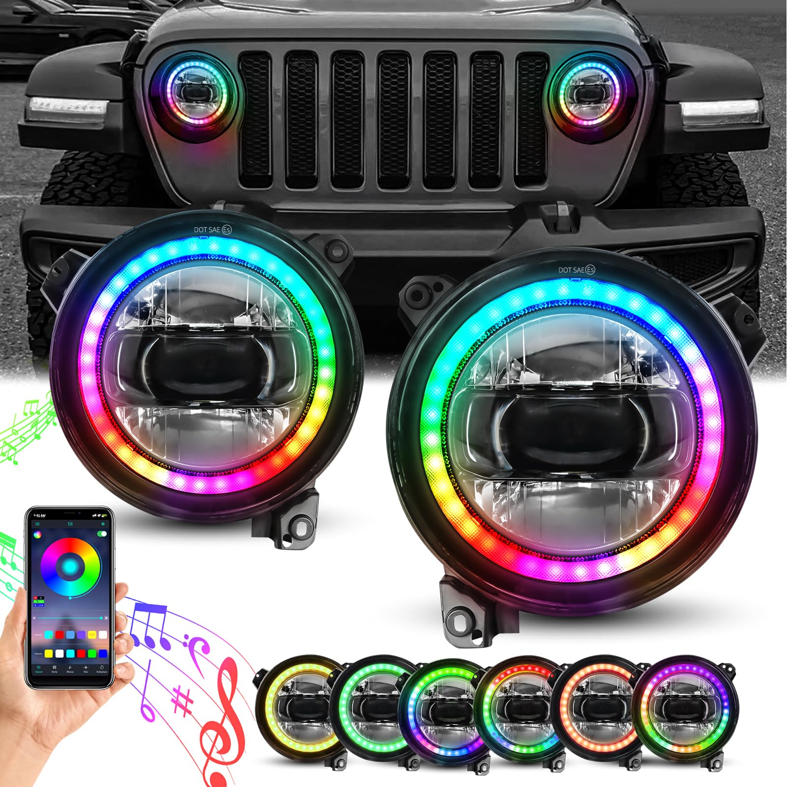 YEEGO DIRECT LED Headlights Halo Ring Angel Eyes Daytime Running Light DRL Turn Signal High/Low Beam for Wrangler Headlight