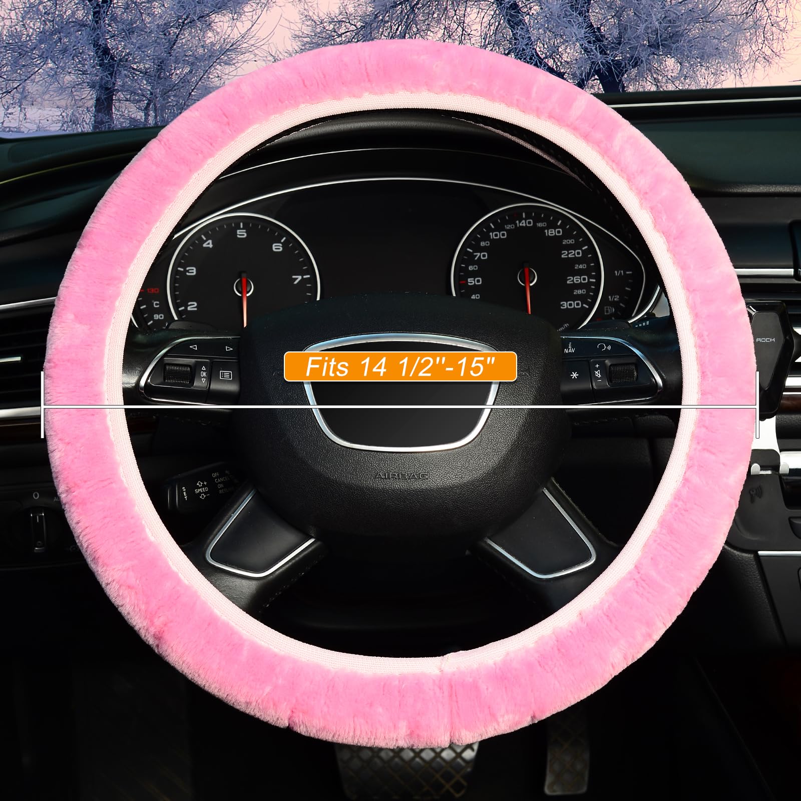 Kafeek Pink Elastic Fuzzy Steering Wheel Cover,Microfiber Plush Steering Wheel Cover For Woman Girl,Winter Warm, Universal 15 In