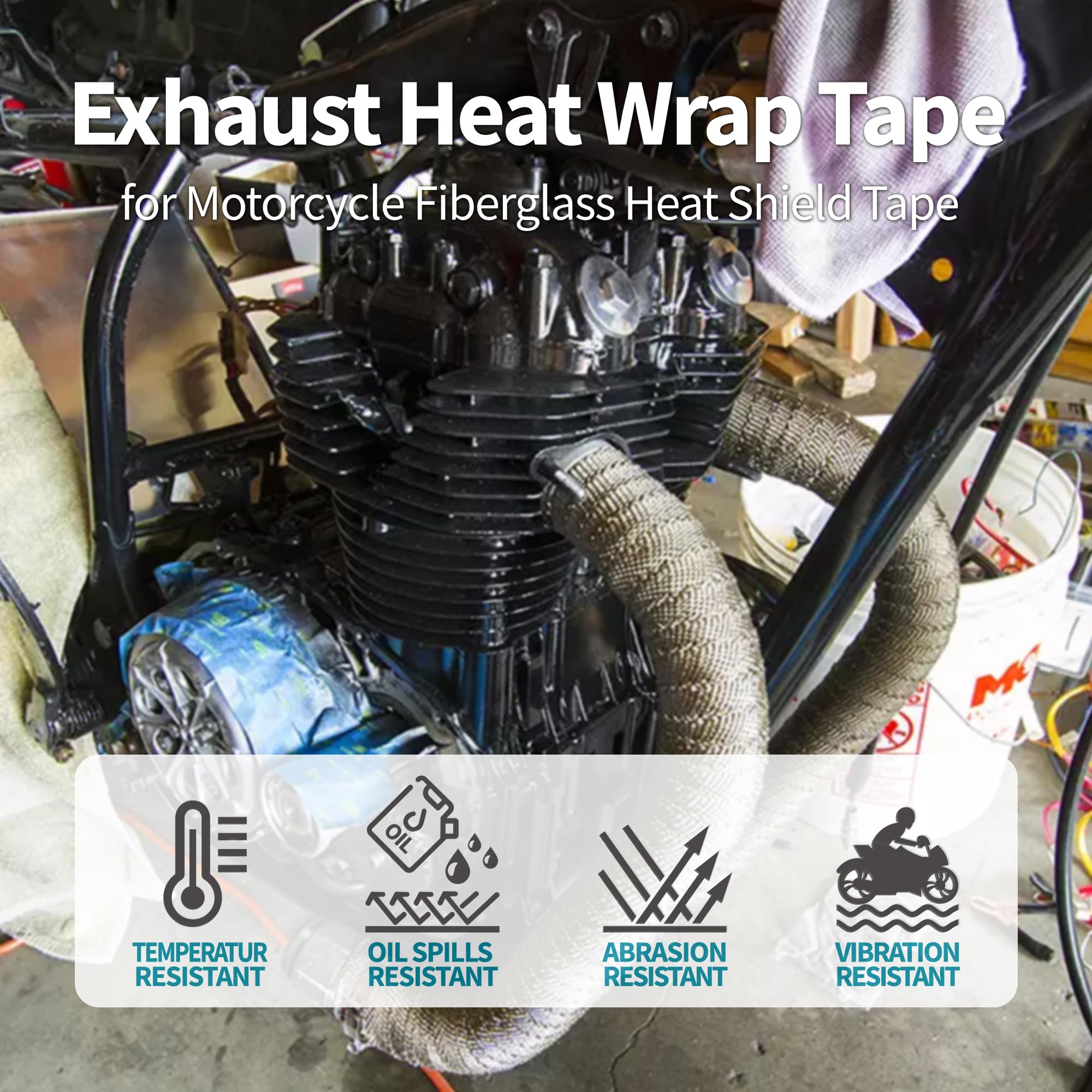 Titanium Exhaust Heat Tape Wrap, 2   X 50 Ft, Motorcycle Fiberglass Heat Shield Tape With Stainless Ties