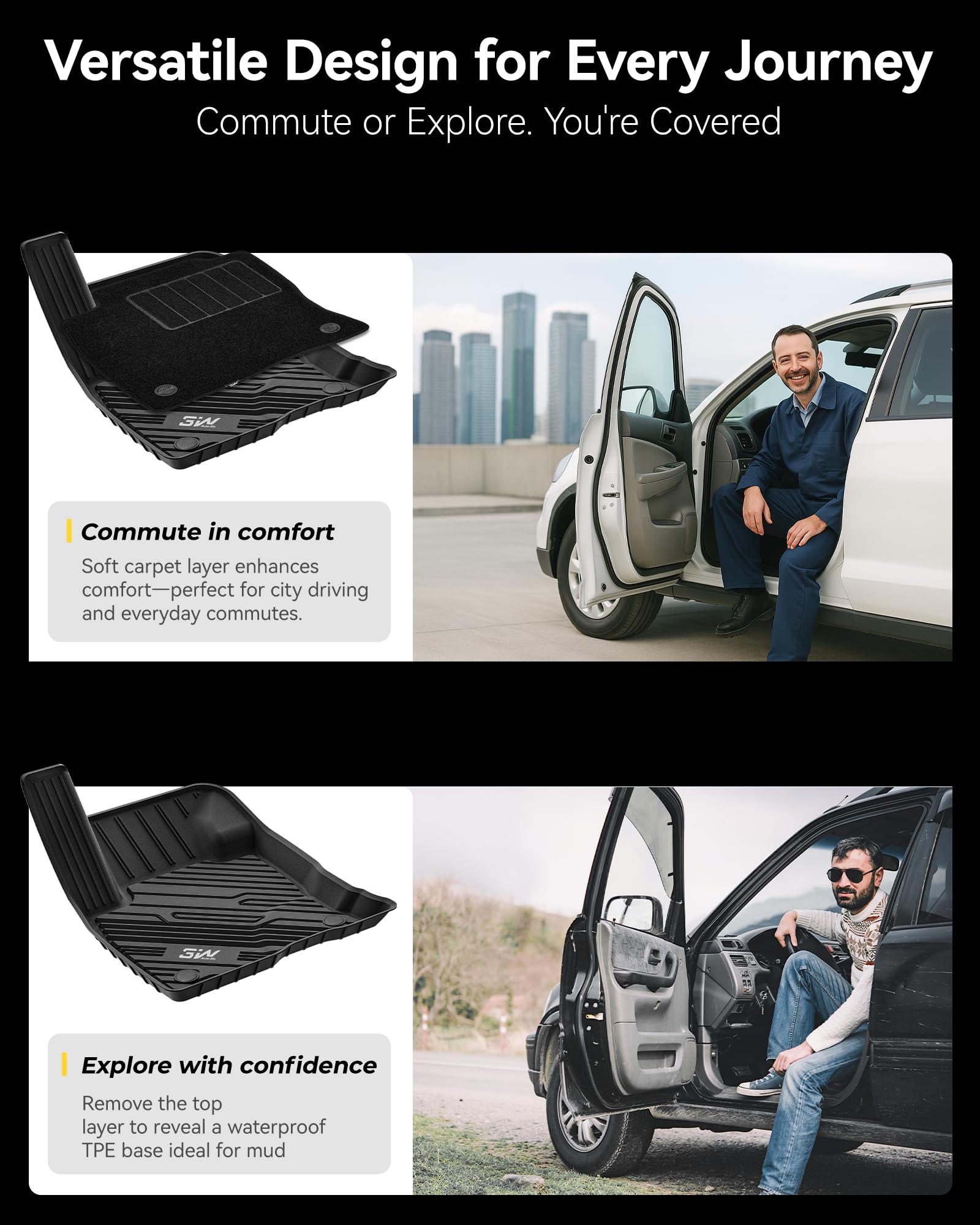 3W Floor Mats & Carpets (1st and 2nd Rows) Fit for Ford Bronco Sport 2021-2024 All Weather TPE Car Accessories Custom Fit Full S