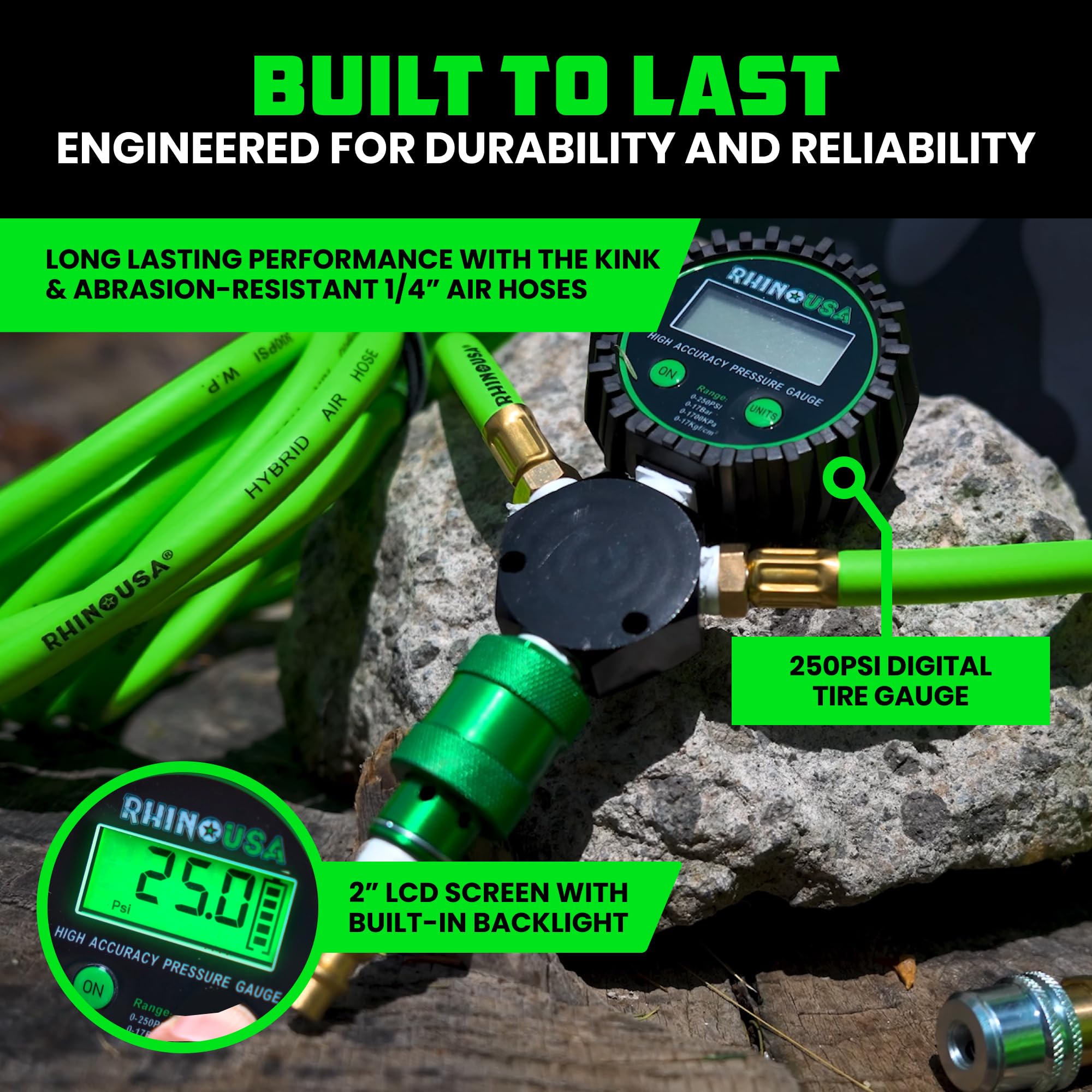 Rhino USA 4 Tire Inflation/Deflation System - Fits up to 155'' Wheelbase - Ultra Fast 4 Way Tire Inflator Hose Kit for Truck, Ca