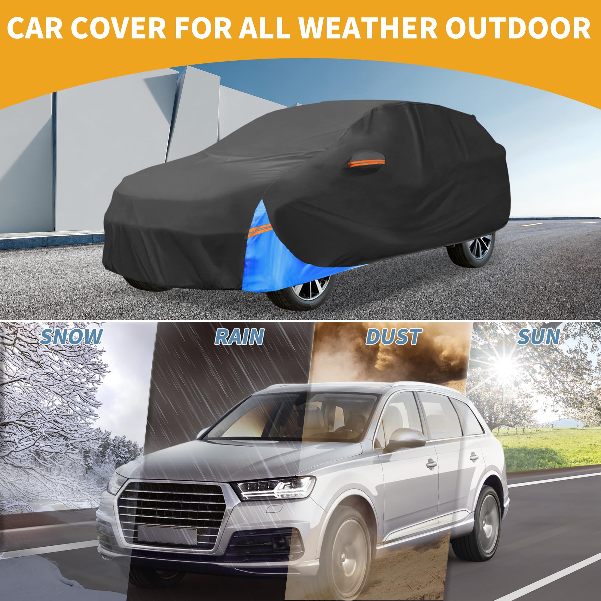 Partuto Waterproof All-Weather Universal Car Cover with Right Side Zipper, 210D-PU Black Blue Fits for SUV Up to 181'' Length