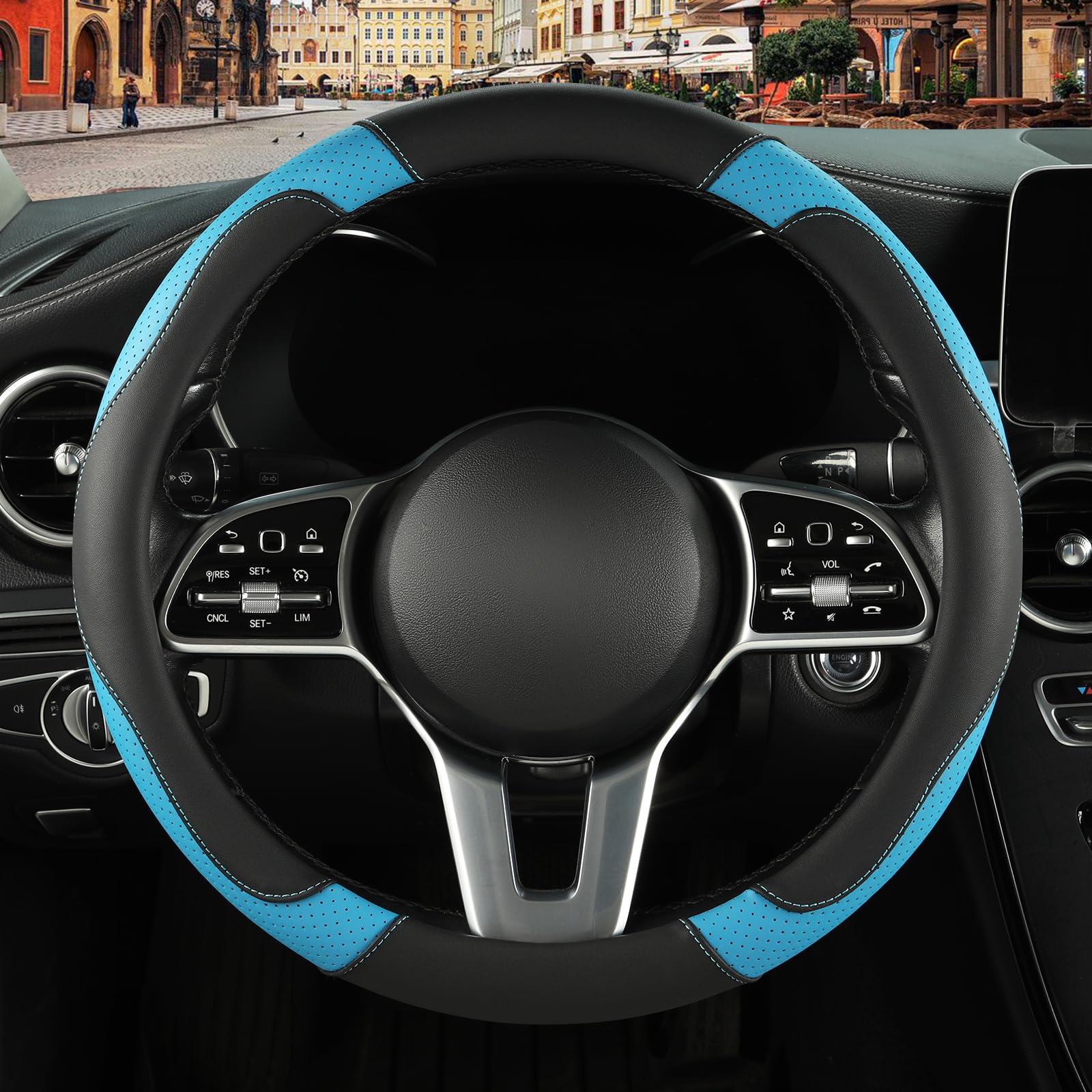 Binsheo Leather Auto Car Steering Wheel Cover Anti-Slip Heavy Duty, Elegant, Non-Tonix, Universal 15 Inch, Black&Blue