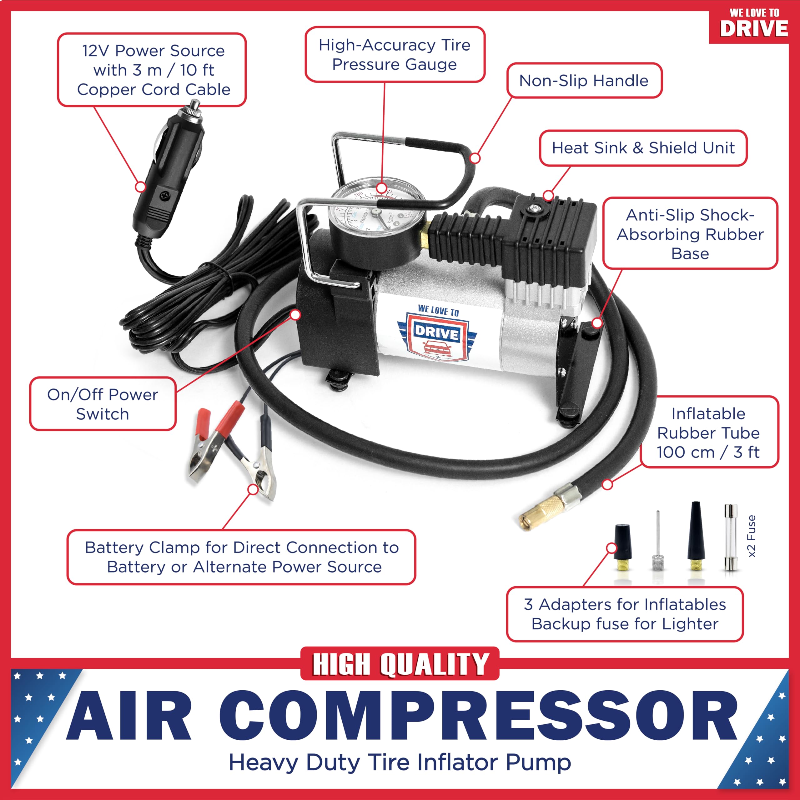 Tire Inflator Portable Air Compressor For Car Tires & Inflatables, 12V Dc One Cylinder Air Pump For Emergency Kit With 150 Psi P