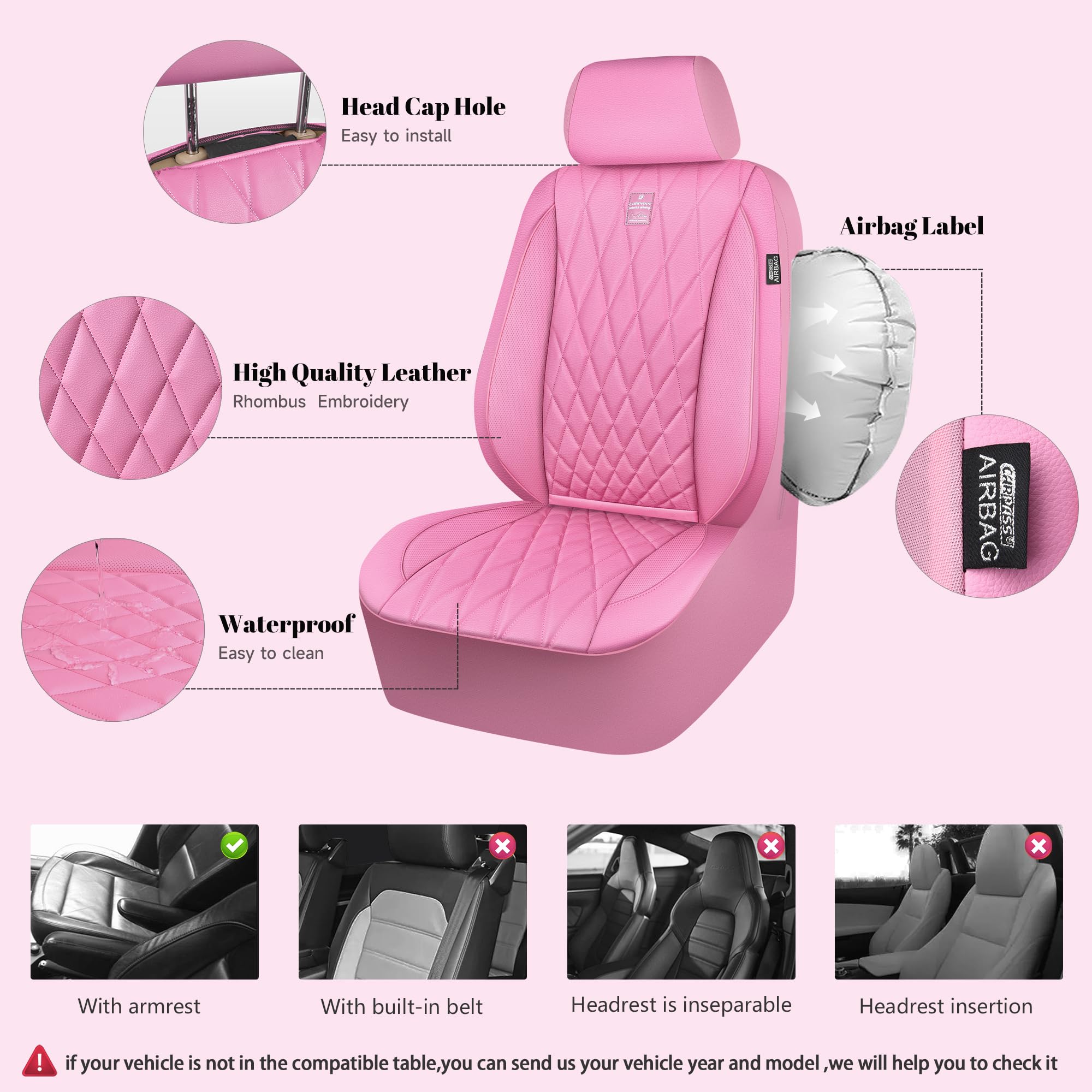 Car Pass Piping Luxury Leather Two Front Car Seat Covers, Cute Girly Waterproof Anti Slip Seat Covers Compatible With Front Seat