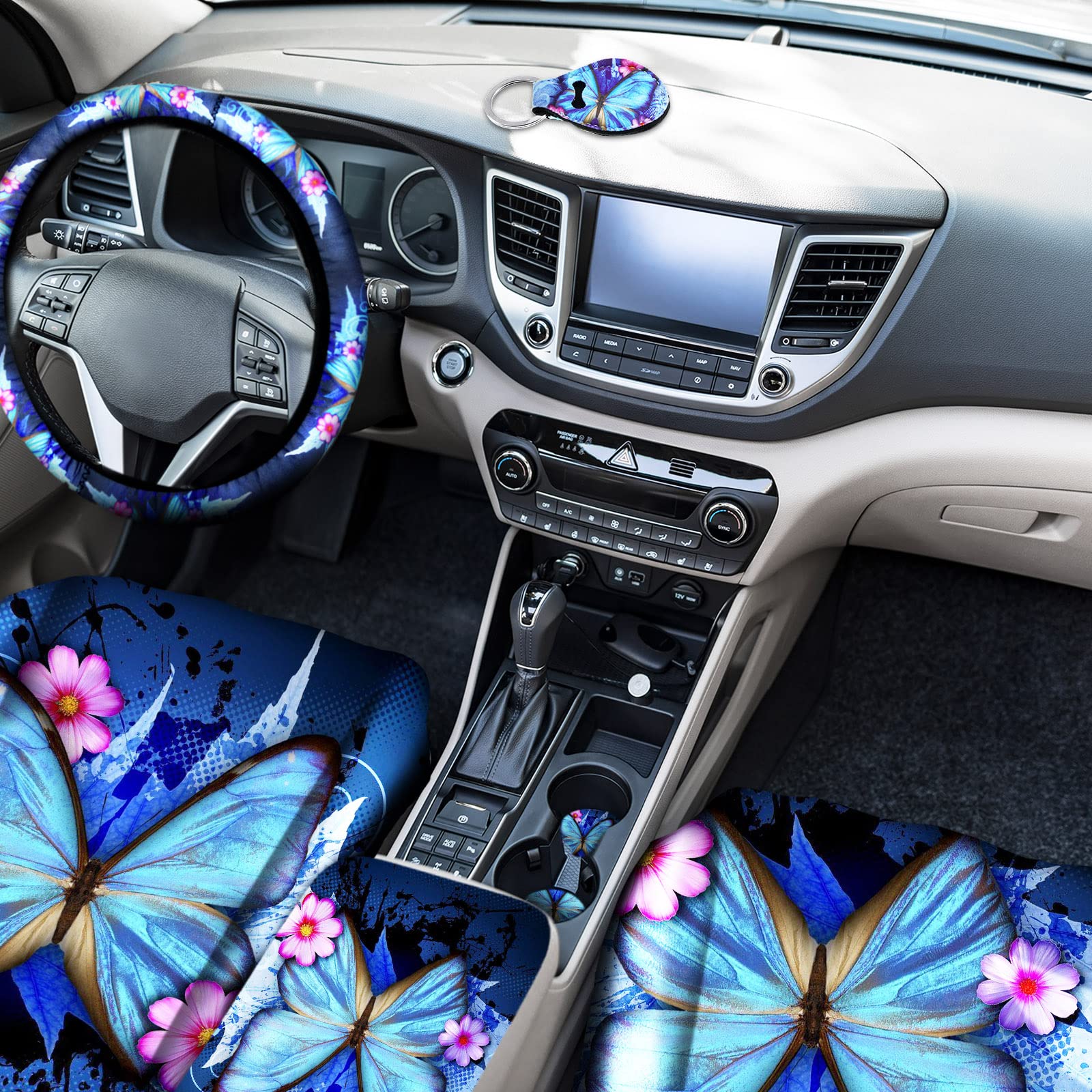 15 Pcs Butterfly Car Seat Covers Full Set Butterfly Car Seat Covers for Car Front Rear Seat Covers Steering Wheel Cover Wrist St