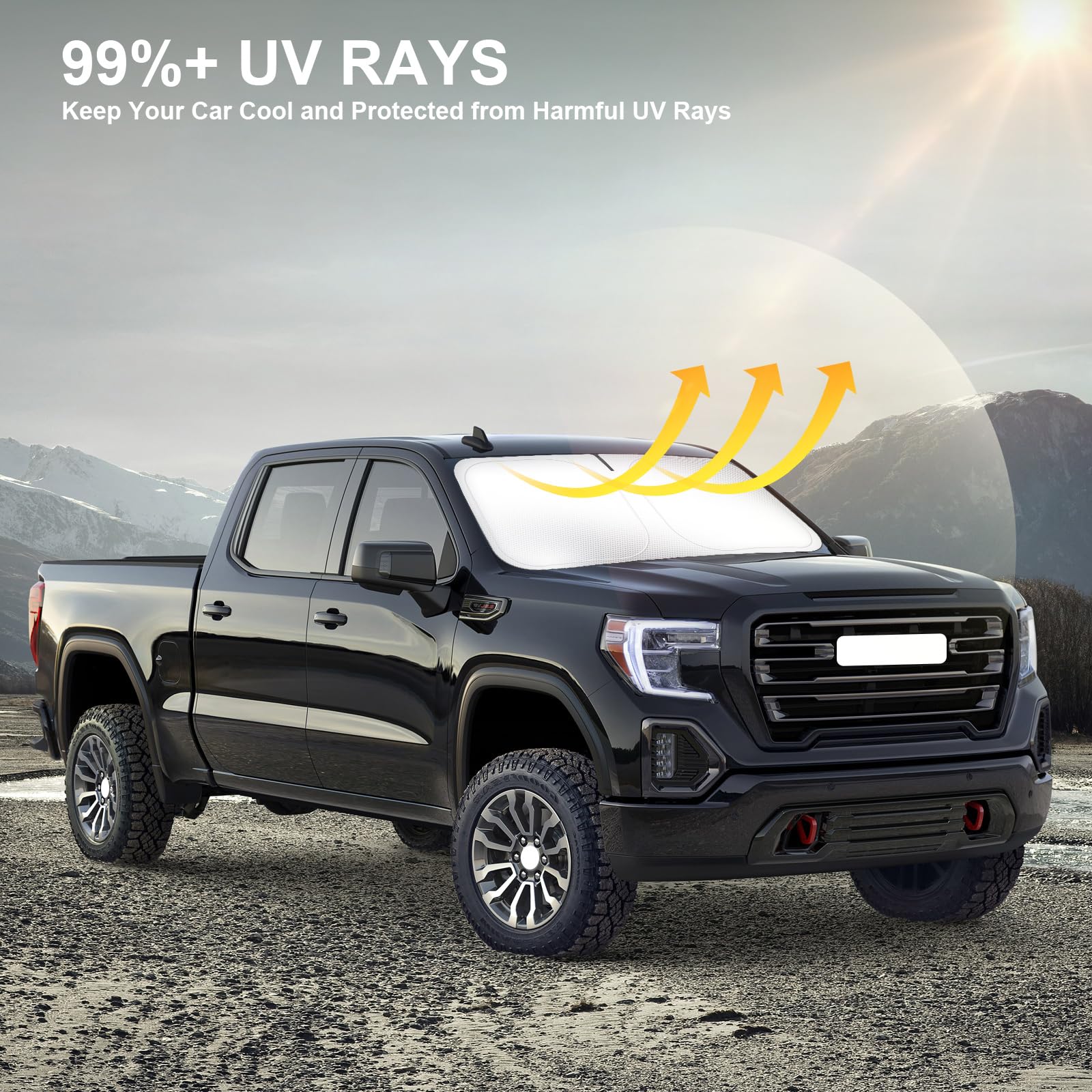 SHINEHOME Car Windshield Sun Shade Compatible with 2025 2024 2023 2022 2021 2020 2019 GMC Sierra 1500 2500 3500 SLT, AT4, Denali Accessories Foldable Sunshade Truck Custom Windshield Sun Visor