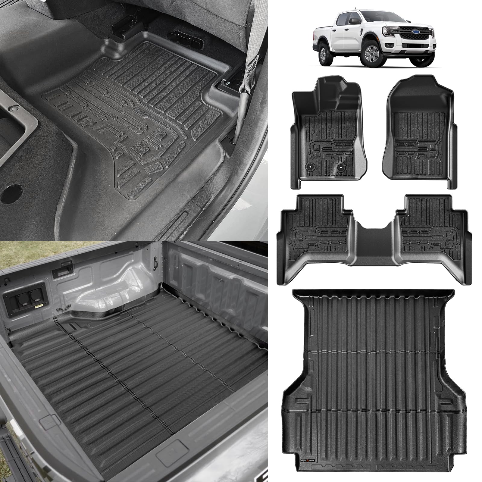Triplealiners Truck Bed Mat & Floor Mats Front Rear Full Set Compatible With Ford Ranger 2024-2025 Supercrew Accessories All Wea