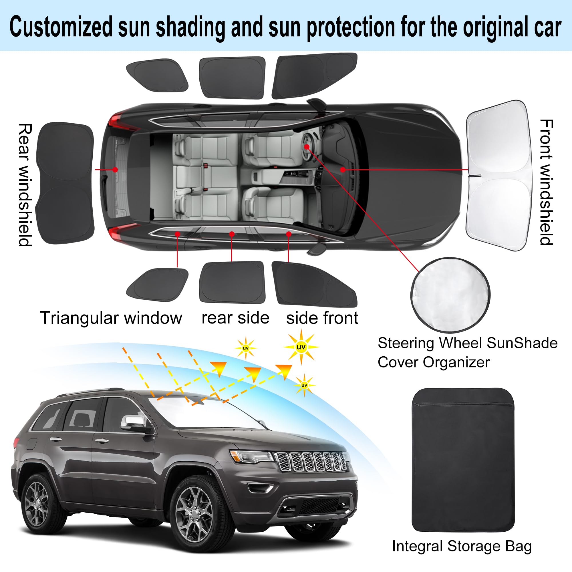 Tinglu 8Pcs Window Shades For Jeep Grand Cherokee 2011-2021(Not For Grand Cherokee L) Accessories Car Side Full Windows Rear Tri