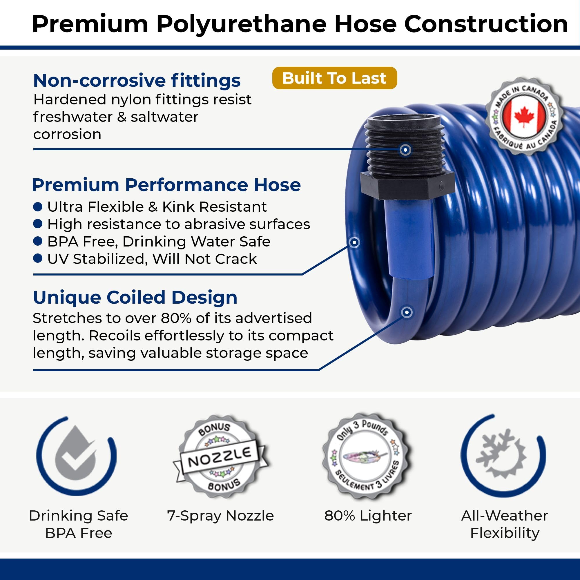 Plastair Marine Salt Water Resistant Premium Polyurethane Springhose | Coiled Drinking Water Safe Hose With 7-Pattern Spray Nozz