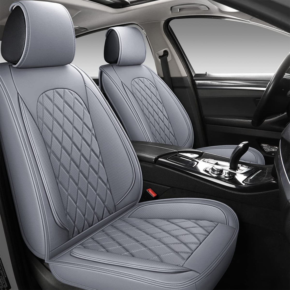 Lingvido Breathable Leather Grey Car Seat Covers, Rhombus Faux Leather Vehicle Semi-Custom Cushion For Cars & Suv Truck Universa
