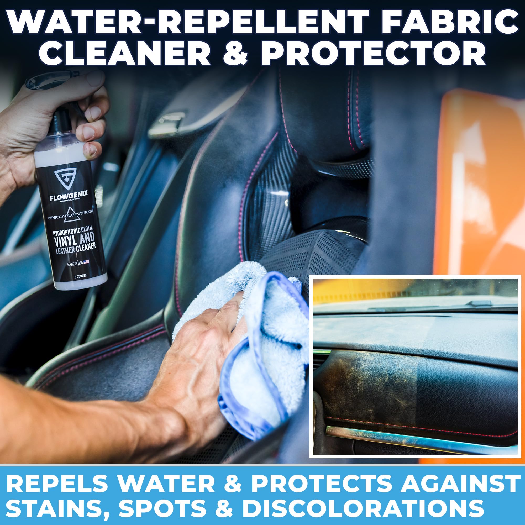 Flowgenix™ Grand Slam 5-Pack - Includes Detailing Spray, Tire Gel, Scratch Repair, Wheel Metal Rust Cleaner, Interior Water-Repellent Vinyl & Leather Cleaner - Includes 2 Microfiber Towels