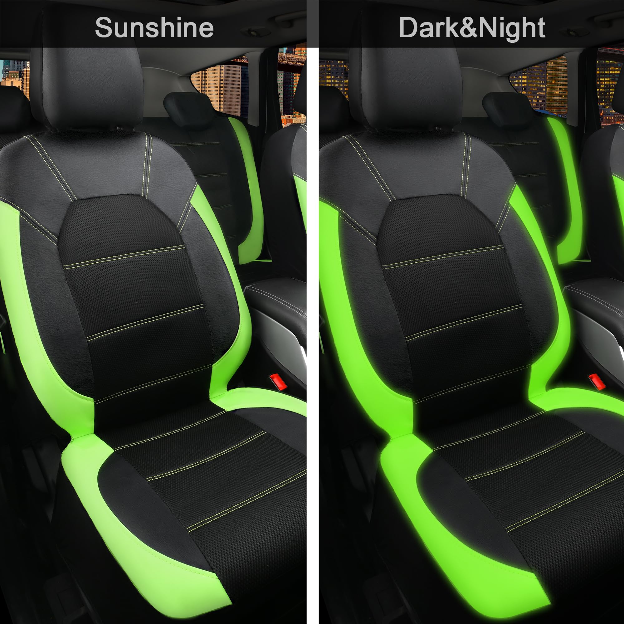 CAR PASS Luminous Green Leather seat Covers Universal Sport car seat Cover, 5mm Composite Sponge Inside, Airbag Compatible fits
