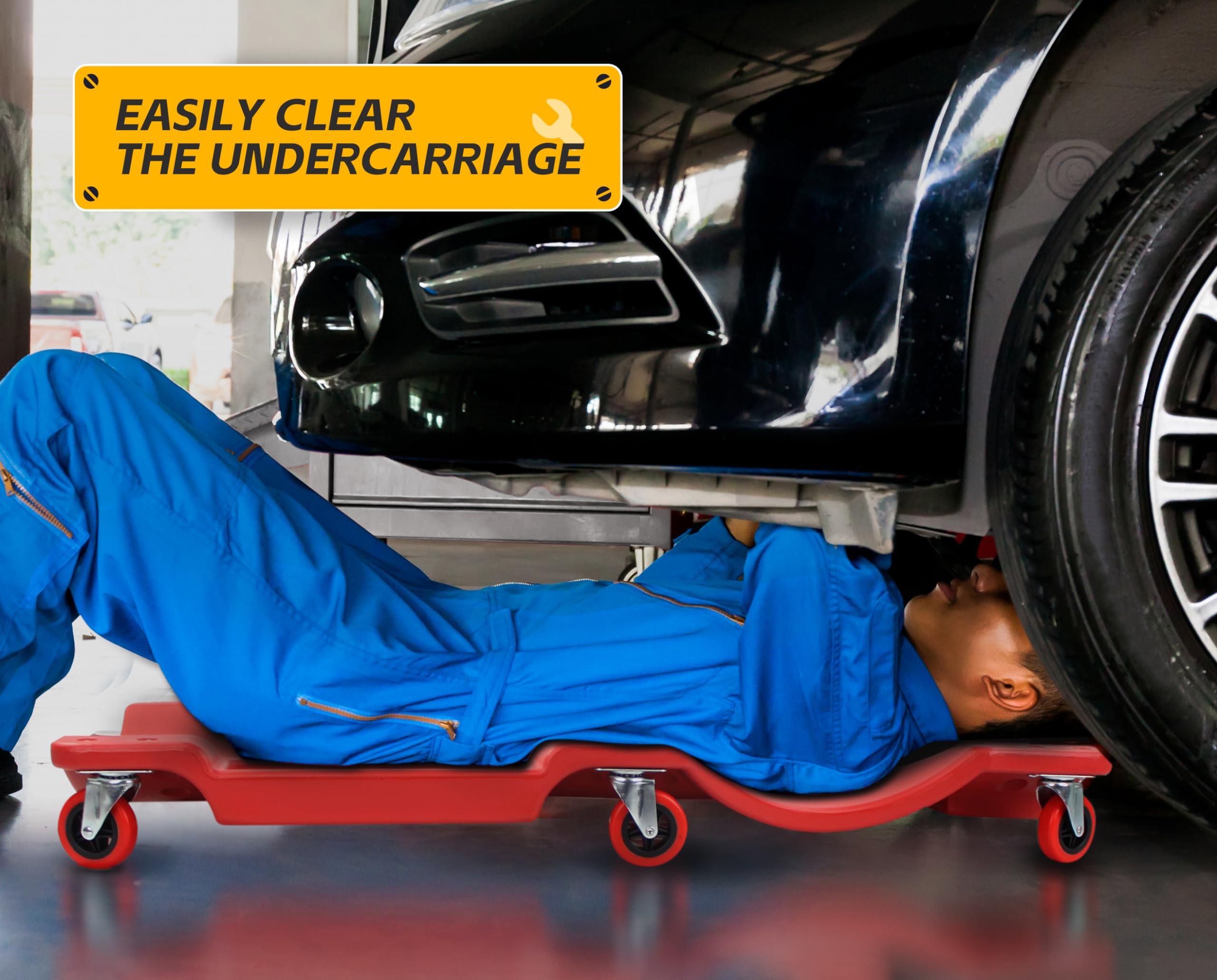 MAXWORKS 50874 40 Inch Plastic Rolling Garage Creeper with Padded Headrest and Dual Tool Trays, 300 Lbs