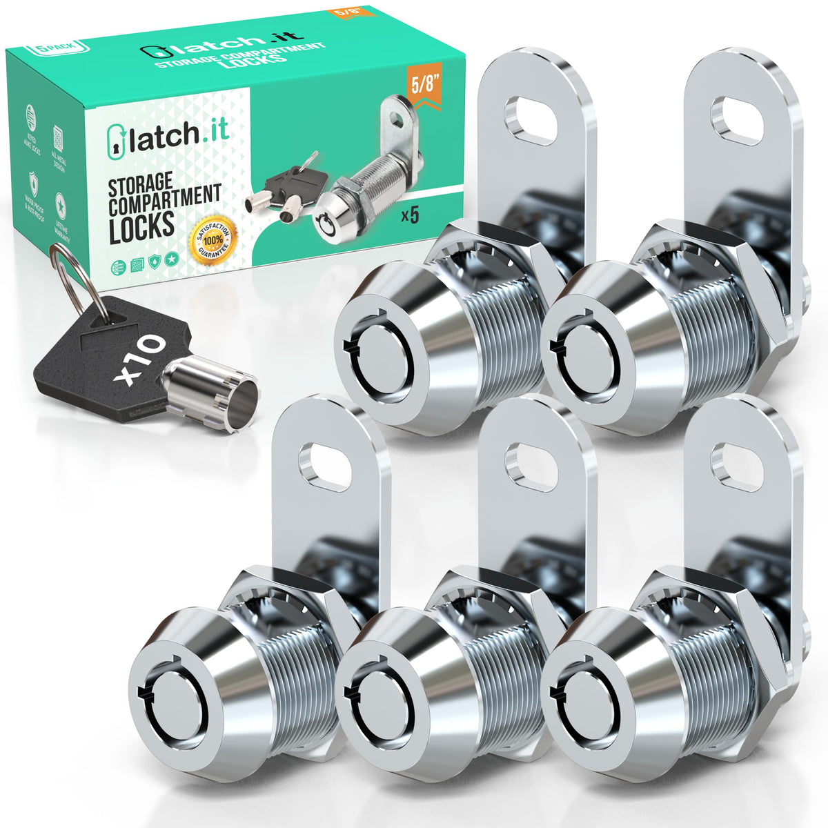 LATCH.IT 5/8    RV Storage Locks 5-Pack | RV Storage Door Latch | Utility Cam Lock with 10 Keys | 100% Metal RV Compartment Lock