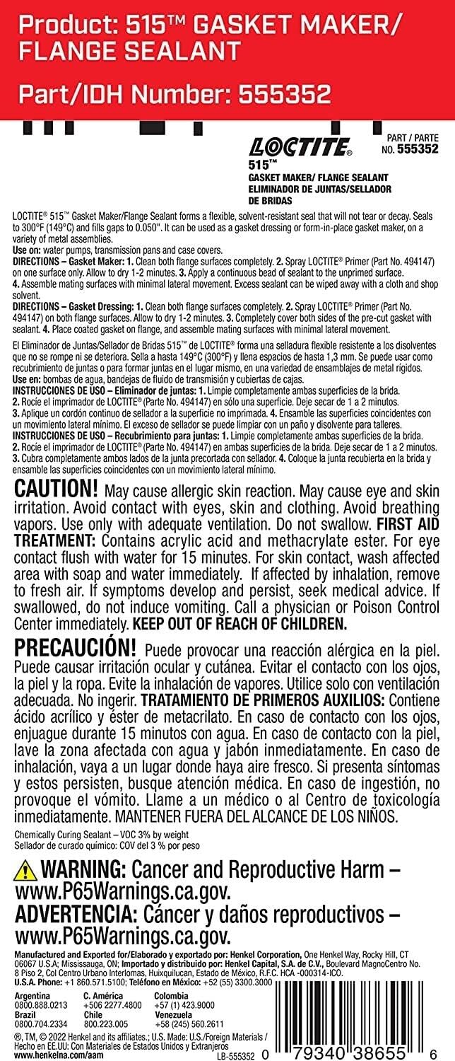 Loctite 515 Gasket Maker & Flange Sealant For Automotive: High-Temperature, Medium-Strength, Anaerobic, Works On All Metals, Fle
