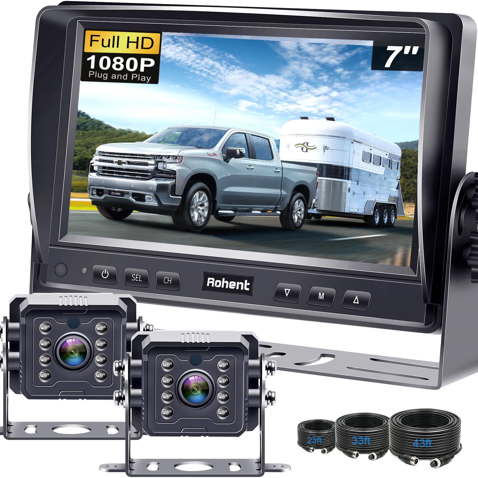 Dual Rv Backup Camera System Upgraded: No Lag Easy Installation Plug And Play 7'' Monitor Hd 1080P Rear View Camera Wired Kit Ip