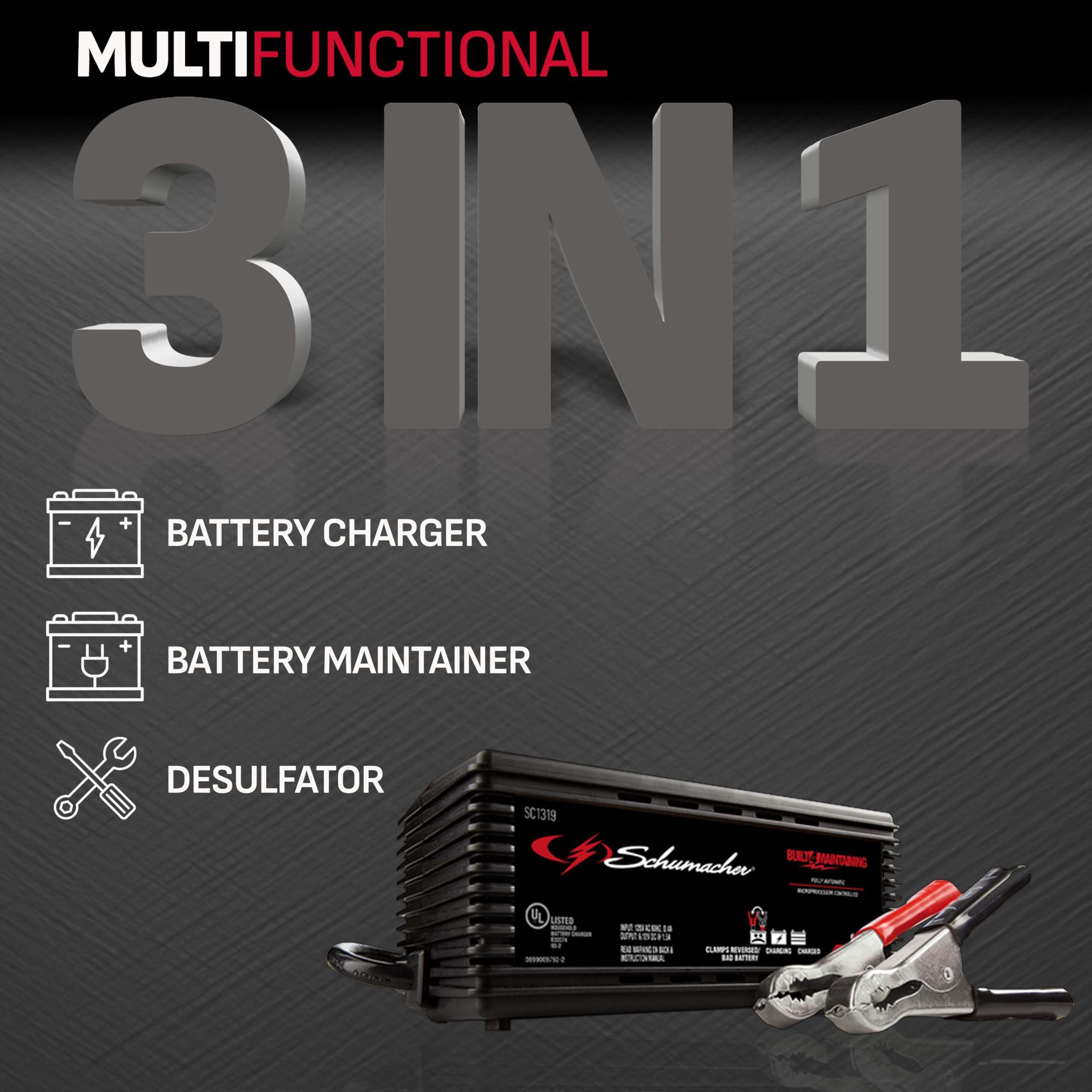 Schumacher Electric Battery Charger and Maintainer, 3-in-1, SC1319 - Fully Automatic, 1.5 Amp, 6 Volt and 12 Volt for Car, Power Sport and Marine Batteries