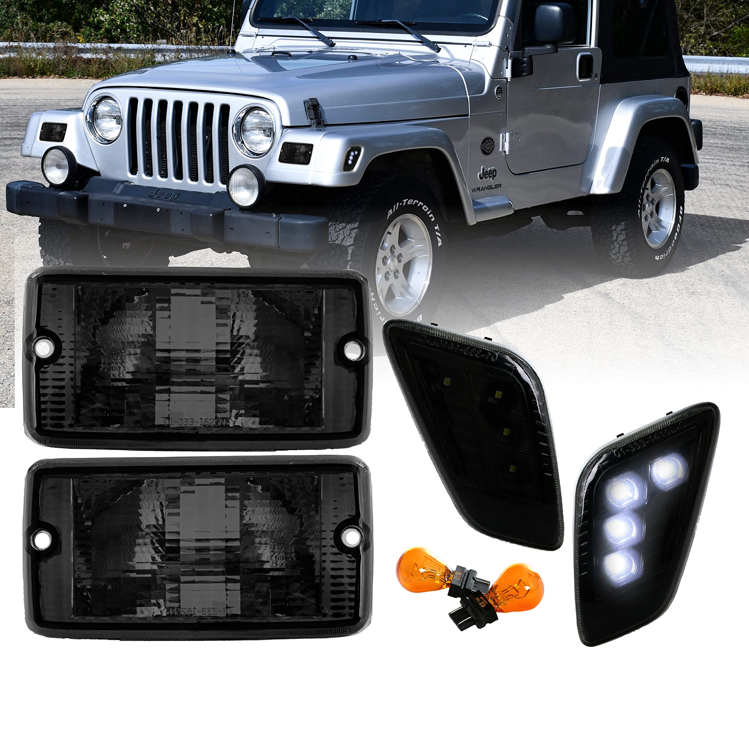 Usr Depo Tj Led Side Marker Lights - 4 Pieces Combo Smoke Bumper Turn Signal Lamps + Led Fender Sidemrkers Light Compatible With