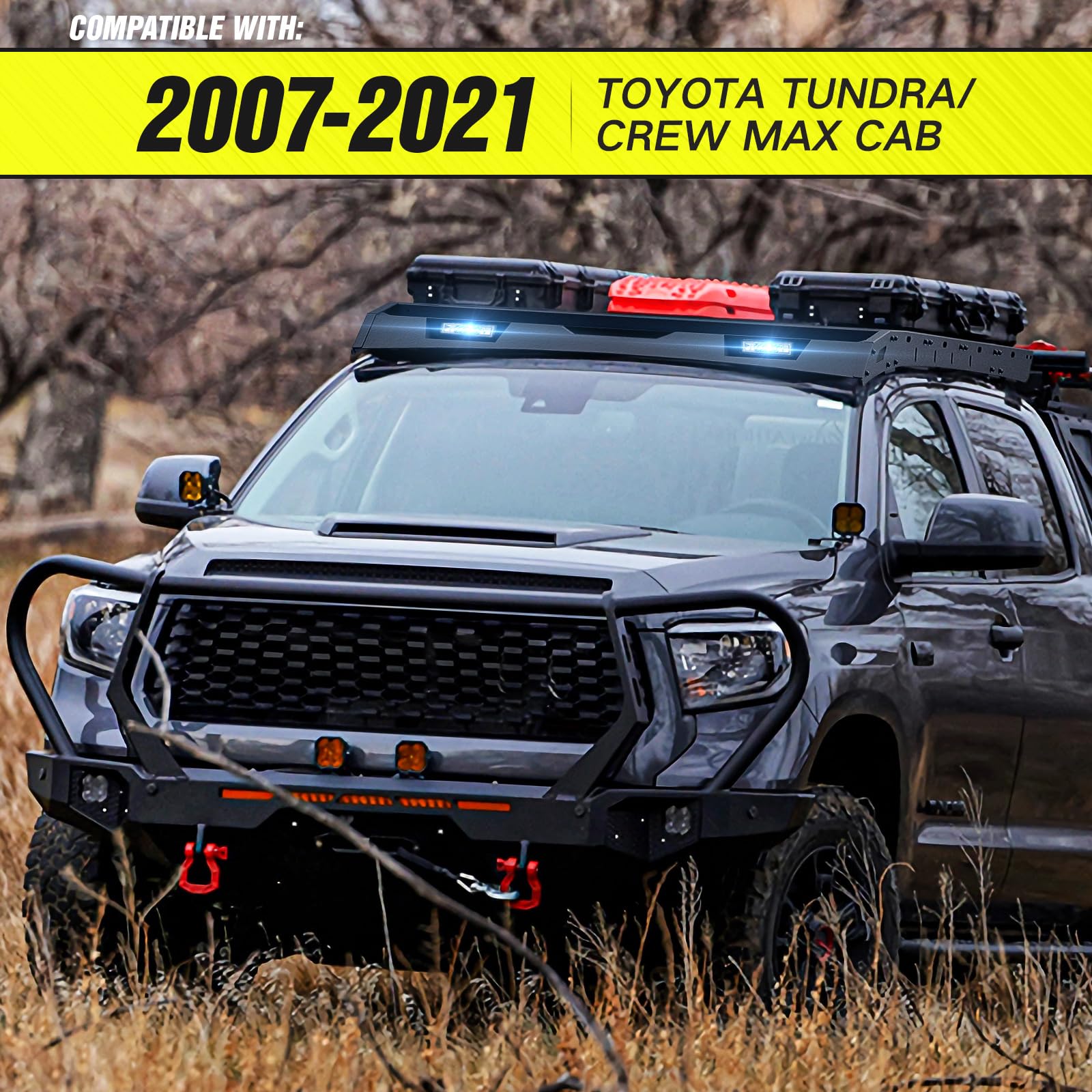 YZONA for Tundra Crew Max Roof Rack Cargo Basket Compatible with 2007-2021 Toyota Tundra CrewMax Cab with 2 LED Lights, Rooftop