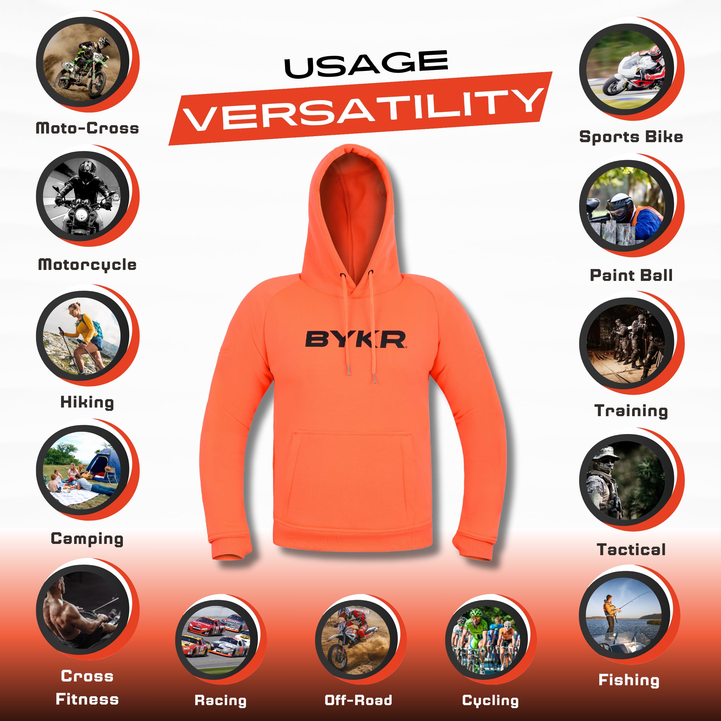 BYKR Motorcycle Hoodie for Men & Women Biker Motorcycle Jackets Breathable Motorbike Riding Sweatshirt All Weather CE Armored (O