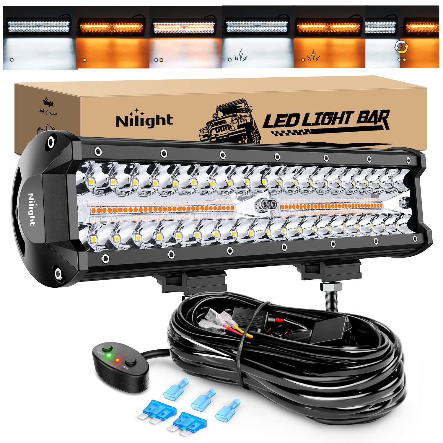 Nilight 12Inch 300W Led Light Bar Spot Flood Amber White Strobe 6 Modes With Memory Function Off-Road Truck Car Atv Suv Cabin Bo
