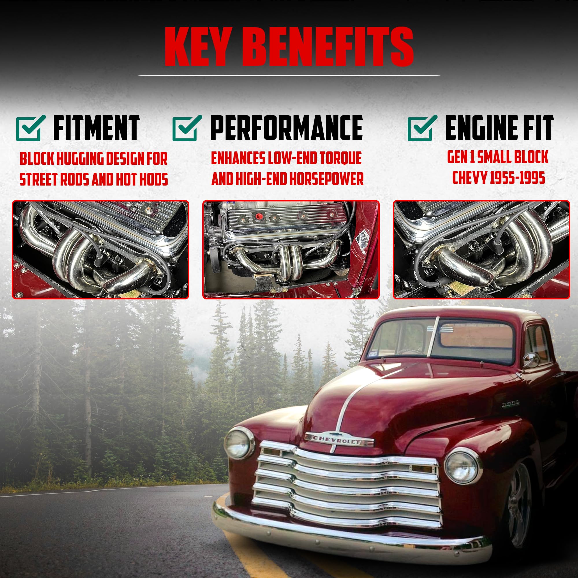 Center Dump Block Hugger Headers for Gen 1 SBC 265 283 302 305 327 350 400 V8 Stainless Steel 3 Bolt Shorty Style for Street Rod