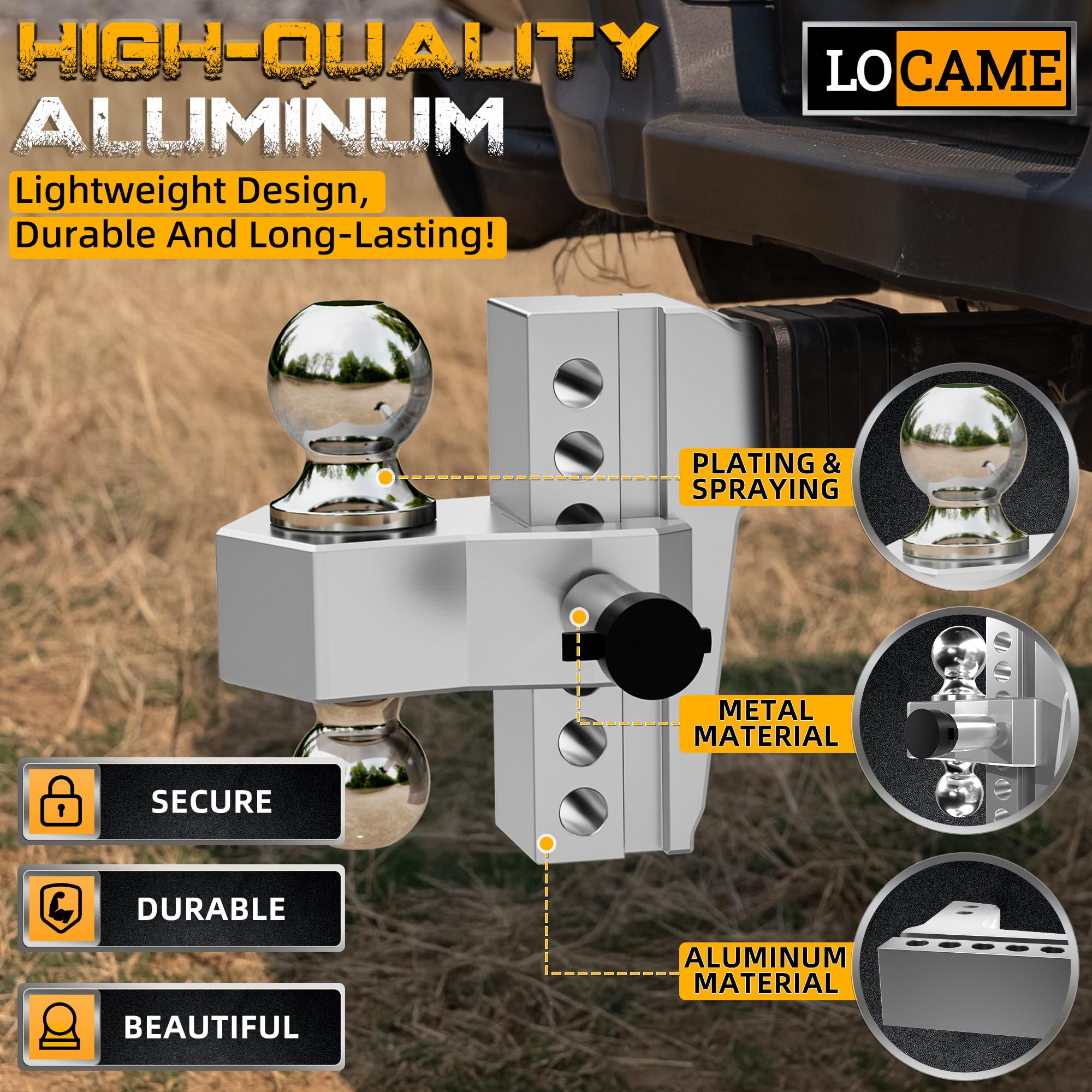 LOCAME Adjustable Trailer Hitch, 6-Inch Drop/Rise, Aluminum, 12,500 LBS GTW, Fits 2-Inch Receiver, Silver, Model LC0013