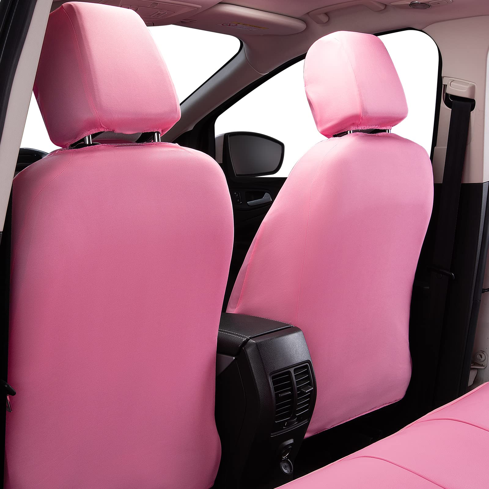Flying Banner Car Seat Covers Protects Water Proof Faux Leather Carbon Fiber Fronts Rear Bench Covers (Pink Pink, Full Set - 8Pc