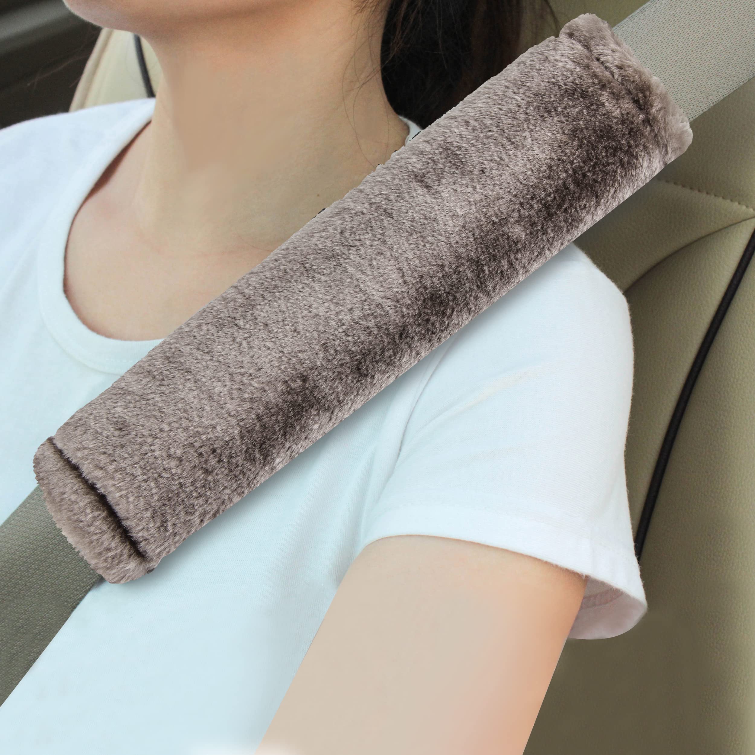 Moonet 2 Packs Car Seatbelt Covers Shoulder Pad For More Comfortable Driving, Universal Seat Belt Cover For Handbag Camera Backpack Straps, Soft Faux Sheepskin Wool Seat Belt Cushion (Gray)