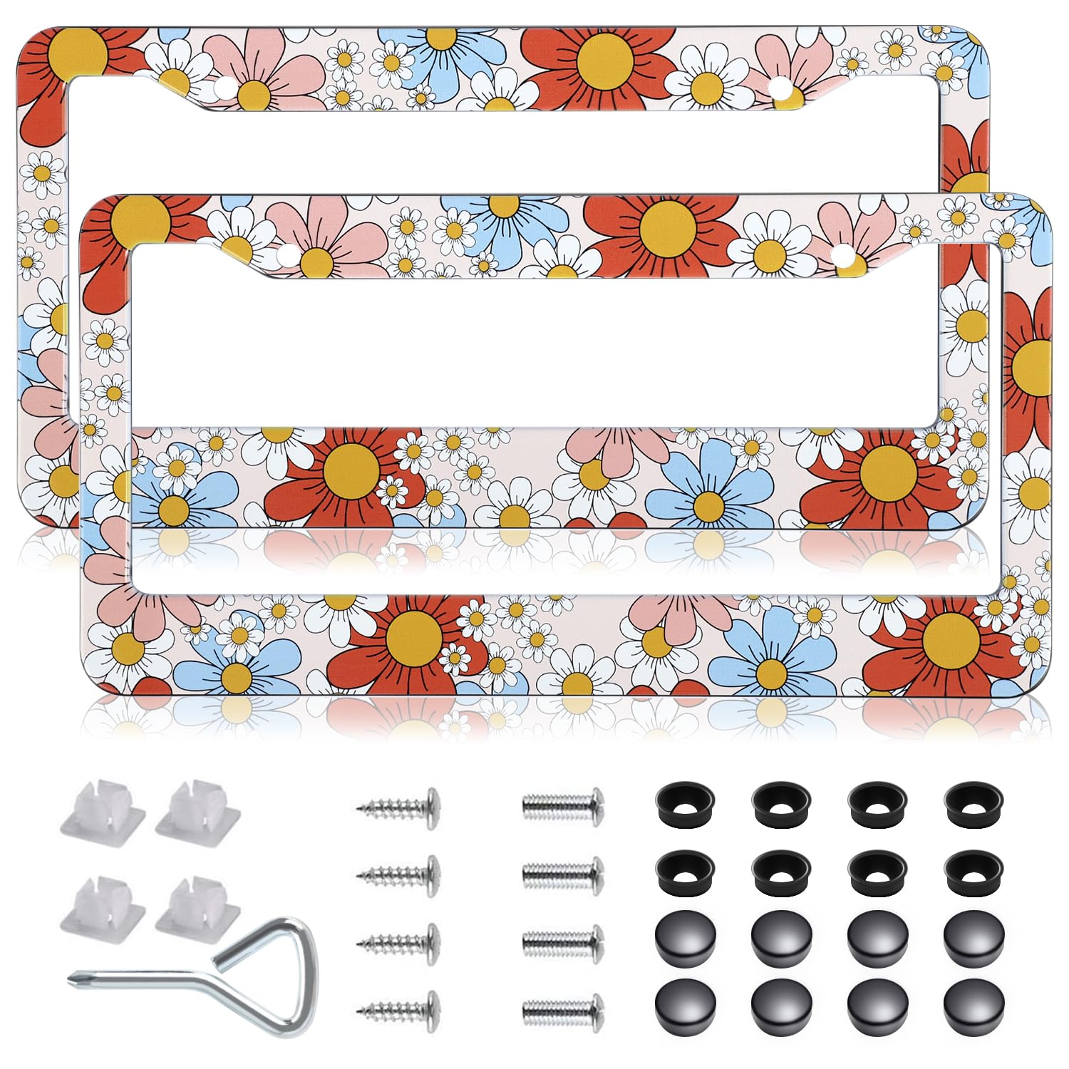 2 Pack Flower License Plate Frames- Colorful Dasiy Floral Universal Auto Aluminum Car Tags Holder Cover with Screw Caps (Flowers