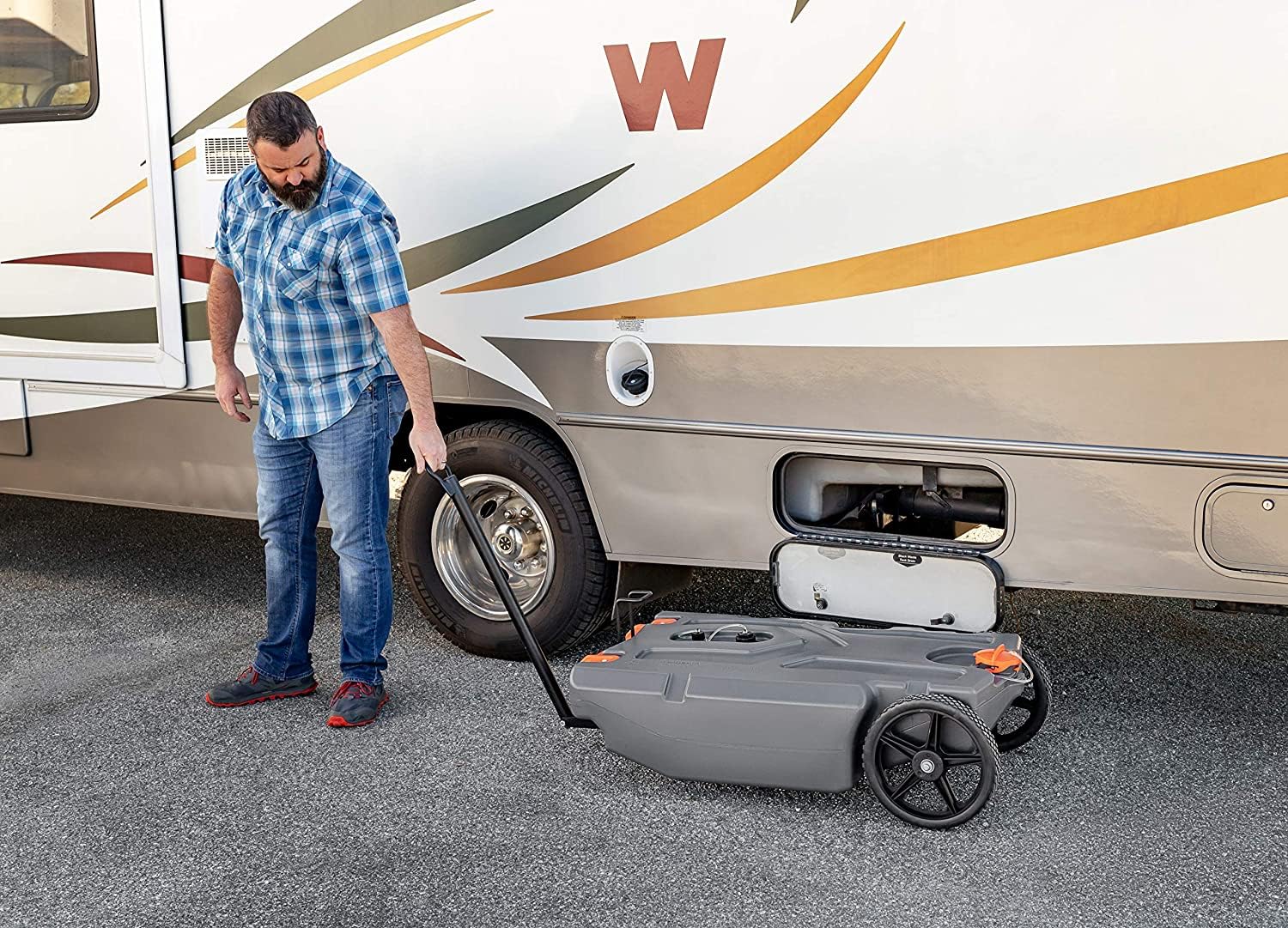 Camco Rhino 36-Gallon Camper / RV Portable Waste Tank - Features 2 Steerable No-Flat Front Wheels & Built-In Gate Valve - w/ Rem