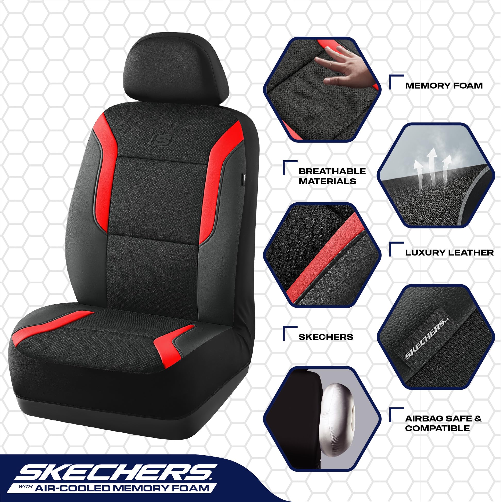 Skechers Memory Foam Car Seat Covers, Air Cool Mesh Thick Seat Covers, Red Two Front Seat Cover, Airbag Compatible, Automotive C