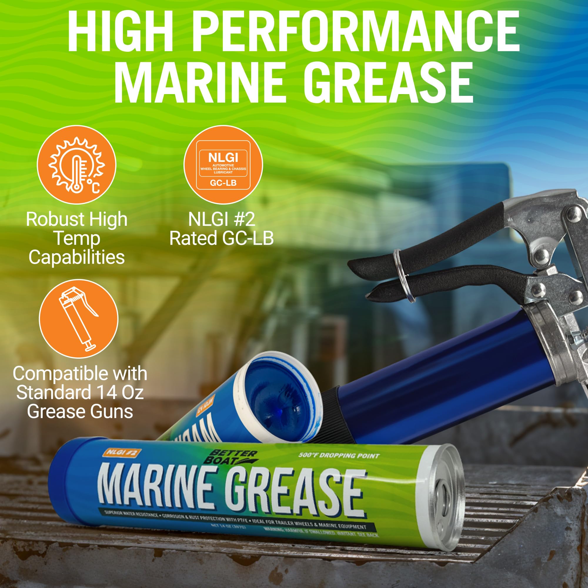 Better Boat Marine Grease Tube, 2 Pack 14 Oz, Waterproof High Temp Trailer Bearing Lubricant, NLGI 2, Compatible with Grease Gun