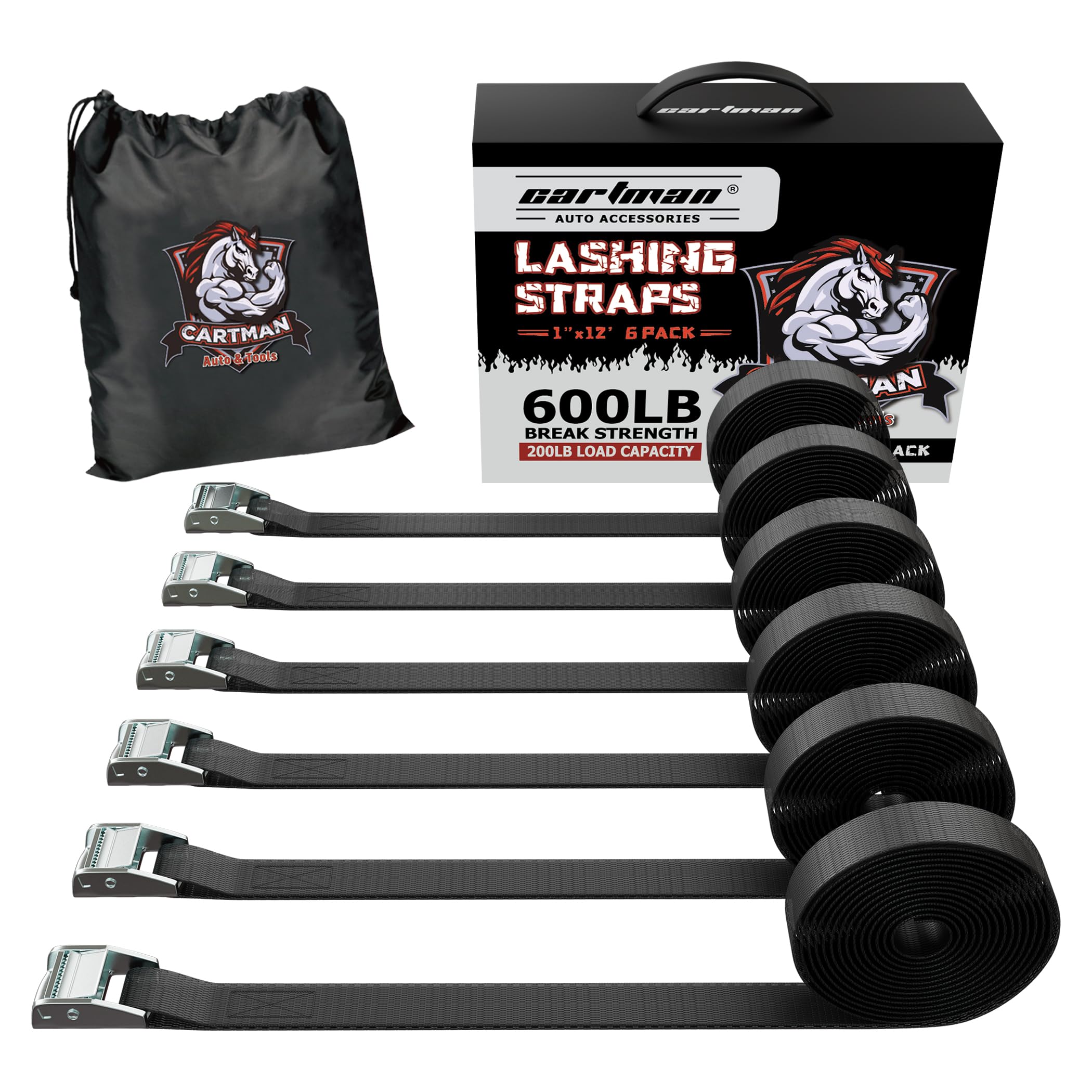 Cartman 1' X 12' Lashing Straps Cargo Tie-Down Strap Up To 600Lbs, 6Pk In Carry Bag, Black