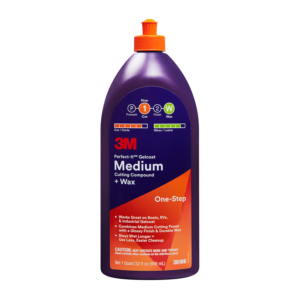 3M Perfect-It Gelcoat Medium Cutting Compound + Wax, 36106, 1 Quart, One-Step Process, P1500 And Finer Scratches, Fiberglass Oxidation Remover For Boats And Rvs