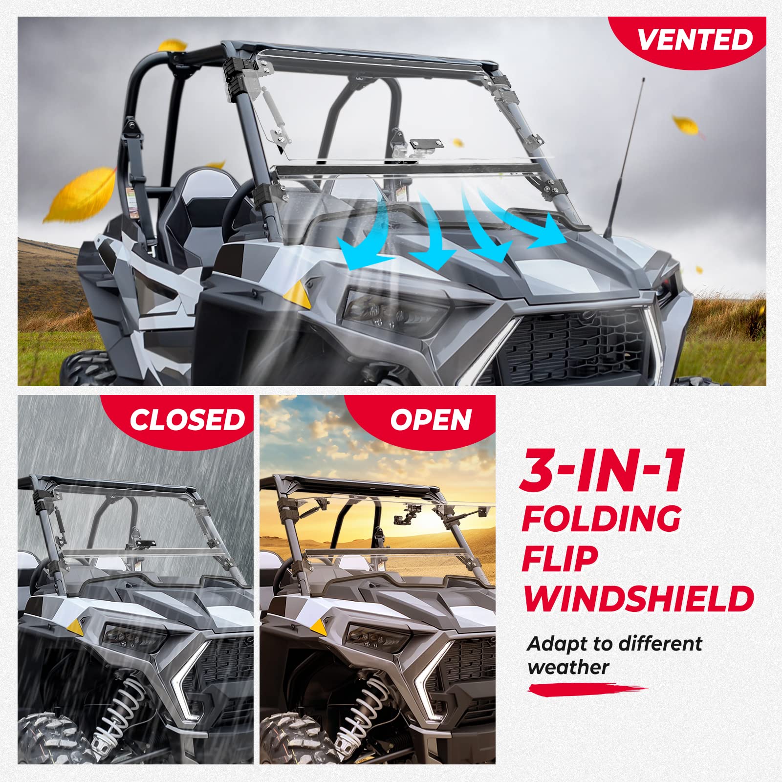 Kemimoto 2-In-1 Flip Up Windshield Upgraded Fit And Seal Compatible With 2019-2023 Polaris Rzr Xp 1000 /Rzr Xp Turbo /4 Rzr 1000 Xp Windshield Uv Resistant Heavy Duty Folding Window Hard Coated Pc