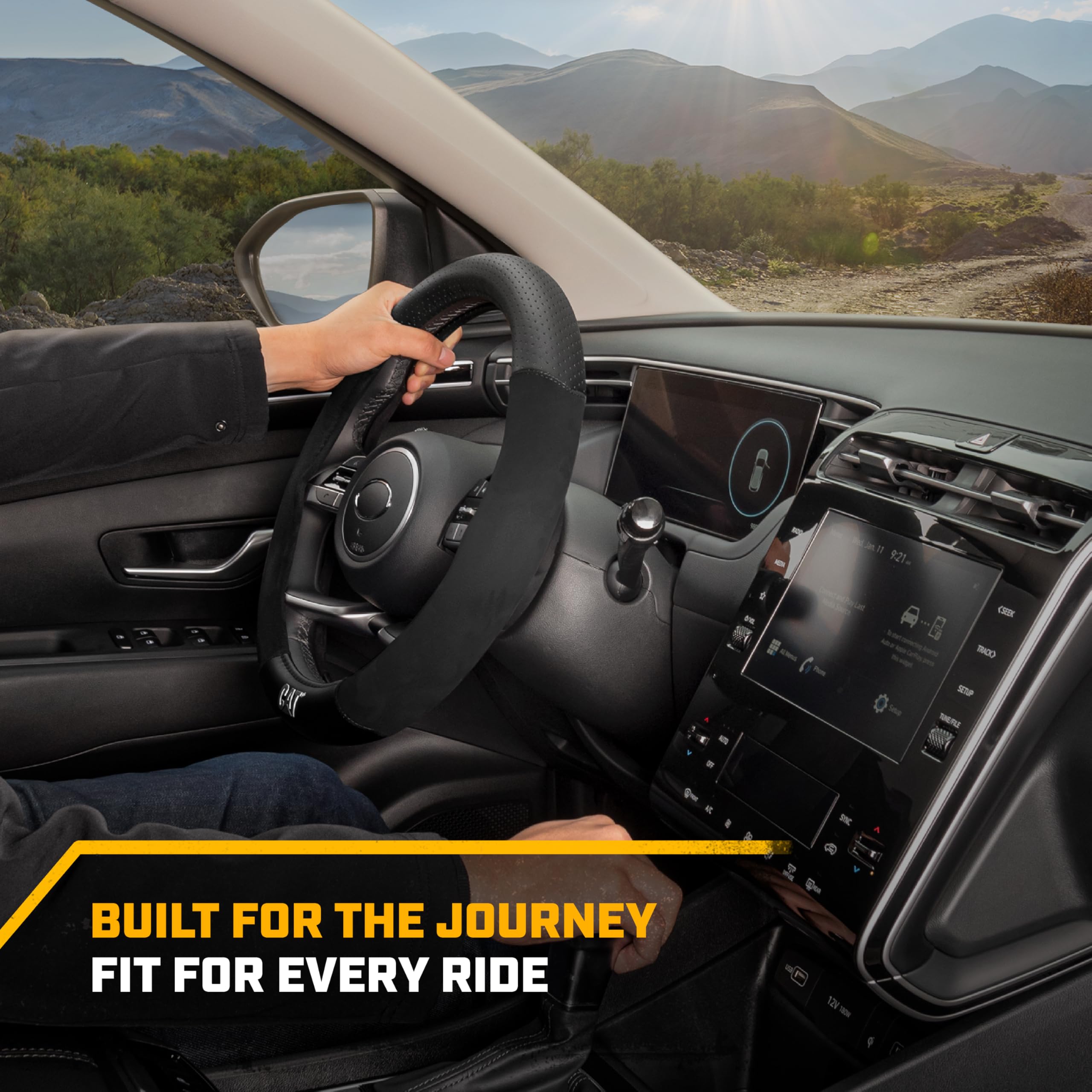 Cat Steering Wheel Cover - Suede/PU Leather Black/Gray with Chrome Logo, 14.5-15 inch - Durable and Comfortable with Advanced Gr