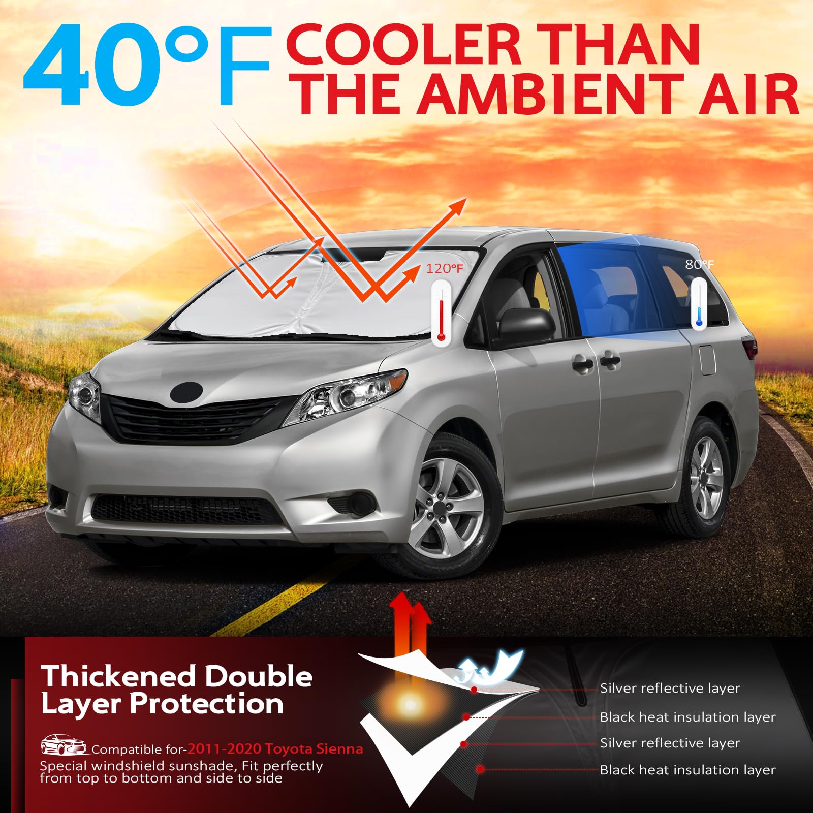 Kayzt Windshield Sun Shade For 2011-2020 Toyota Sienna Mini Van Foldable Sunshade Front Window Custom Fit Car Accessories