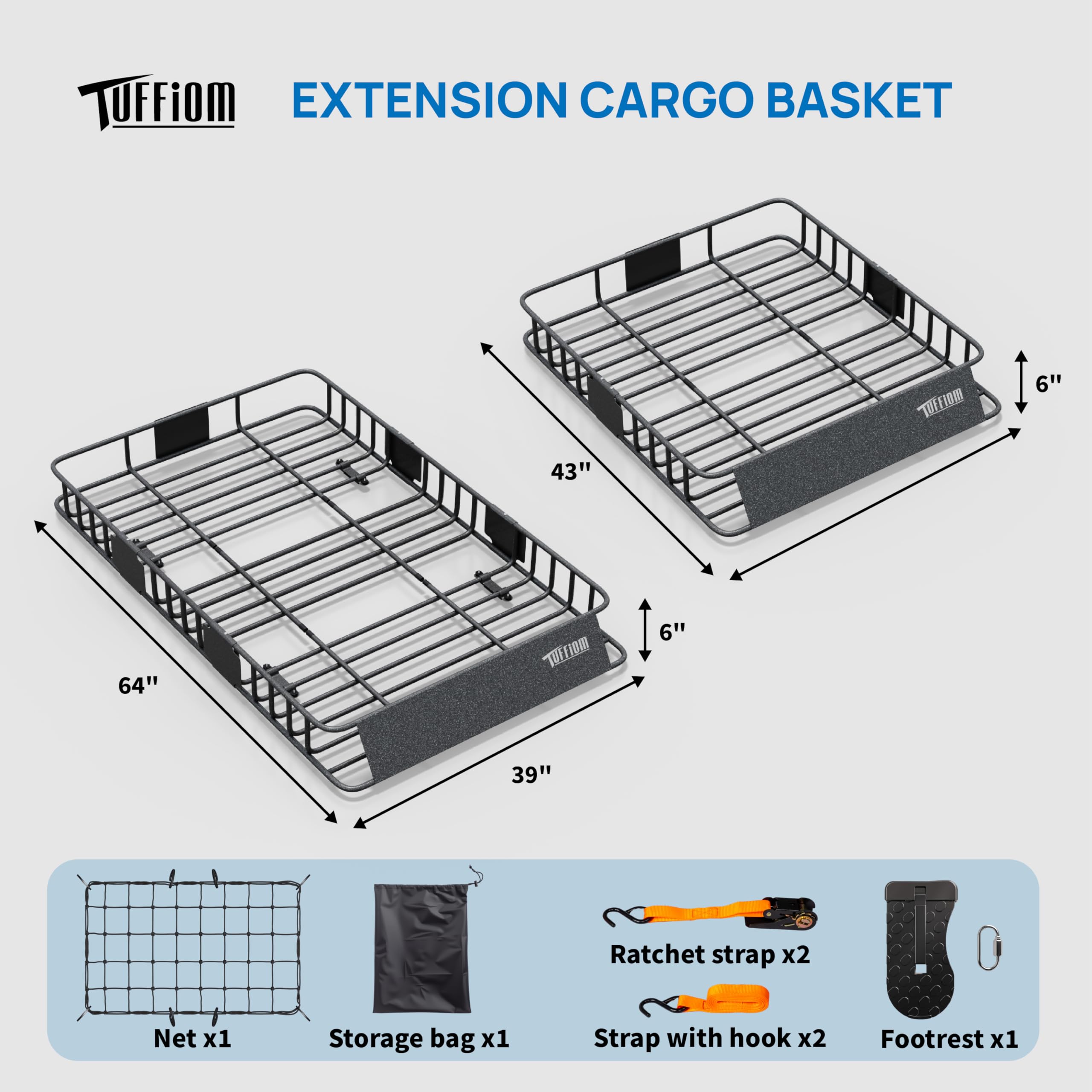 Tuffiom 64''X 39''X 6'' Universal Rooftop Cargo Carrier Basket, Extendable Steel Roof Rack Basket W/Net+Storage Bag+Pedal+Straps