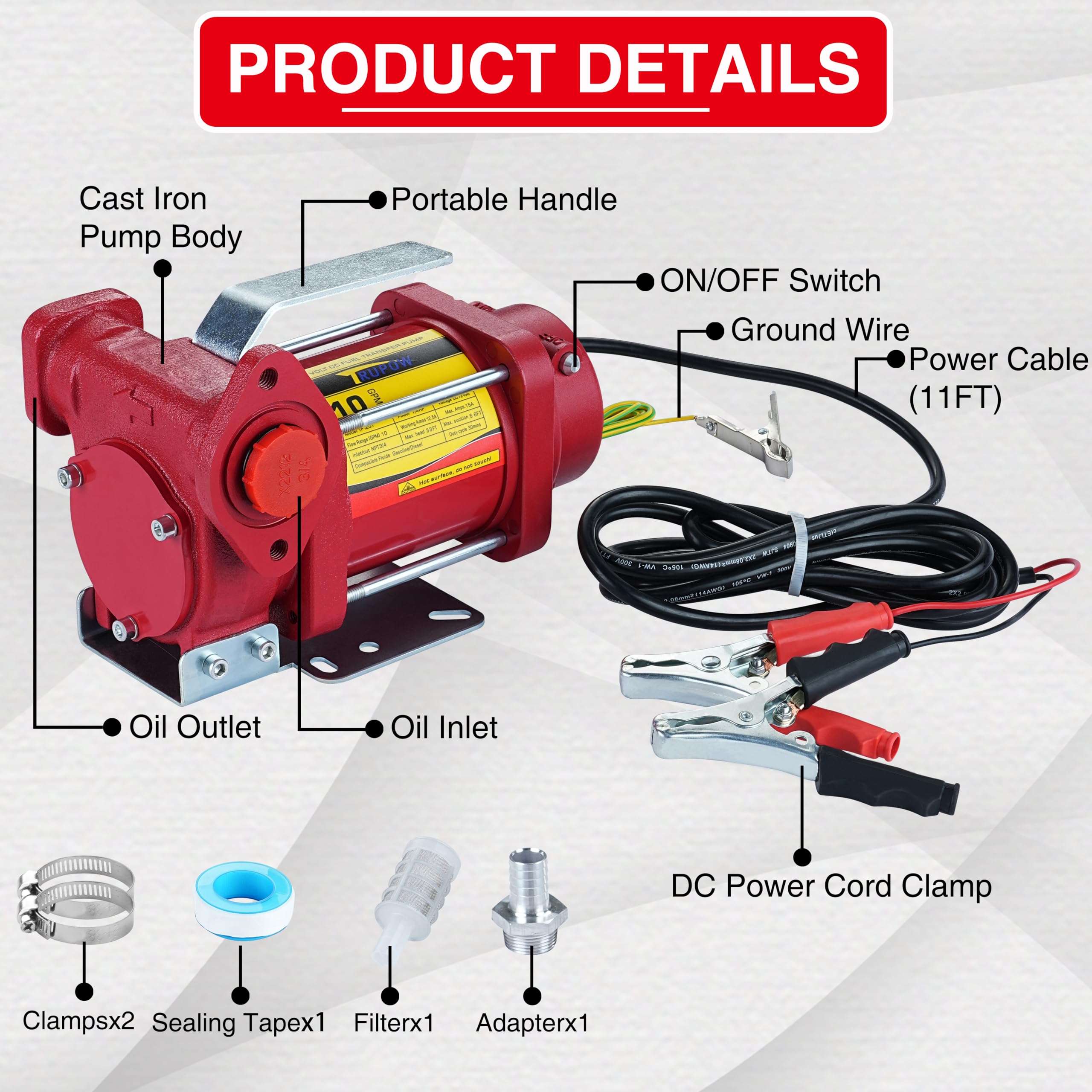 Trupow 12V Dc 10Gpm Self-Priming Gasoline Diesel Oil Fuel Transfer Pump Kit With Discharge Hose & Nozzle