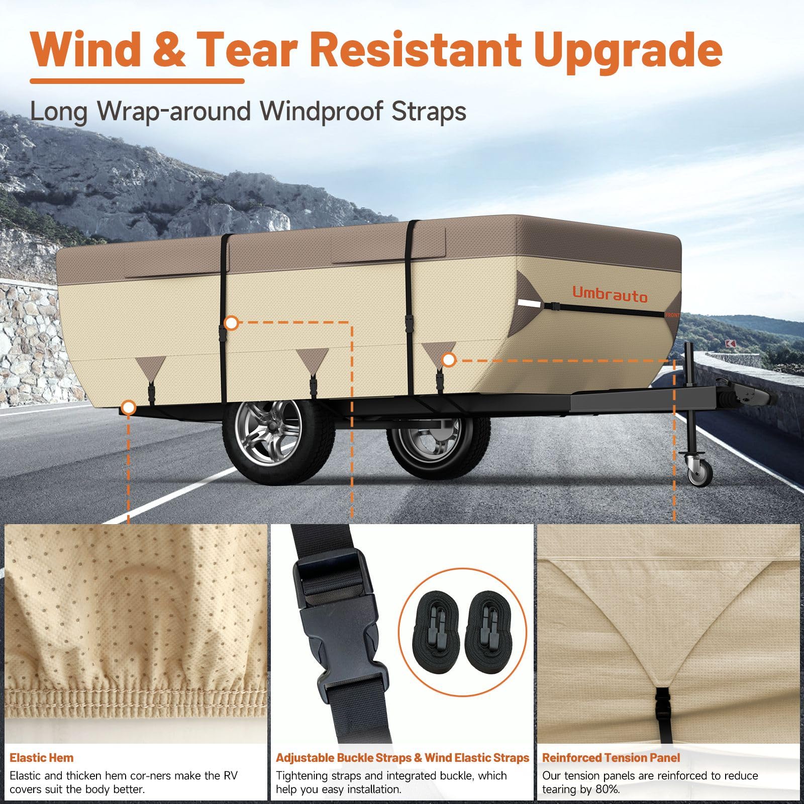 Umbrauto Pop Up Camper Cover for 14'-16' Folding Tent Trailer - 7-Layer Top, 3-Layer Side, Waterproof, Windproof, Sun-Resistant,